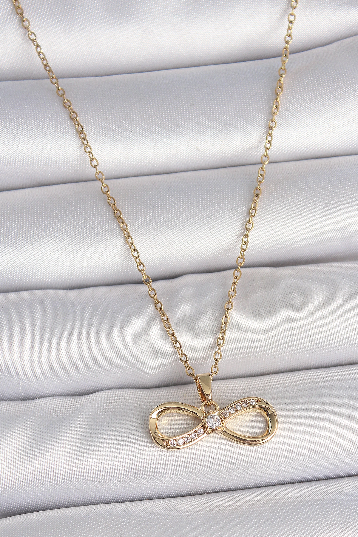 316L Çelik Gold Renk Zincir Zirkon Taşlı Sonsuzluk Model Kadın Kolye-0