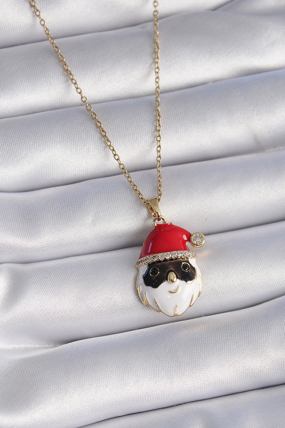 316L Çelik Gold Renk Zincir Zirkon Taşlı Yılbaşı Temalı Noel Baba Figür Kadın Kolye-0