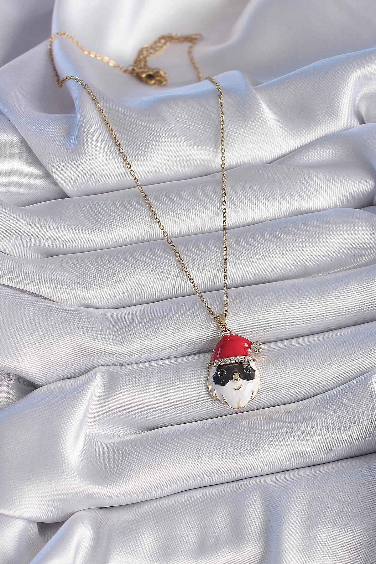 316L Çelik Gold Renk Zincir Zirkon Taşlı Yılbaşı Temalı Noel Baba Figür Kadın Kolye-1
