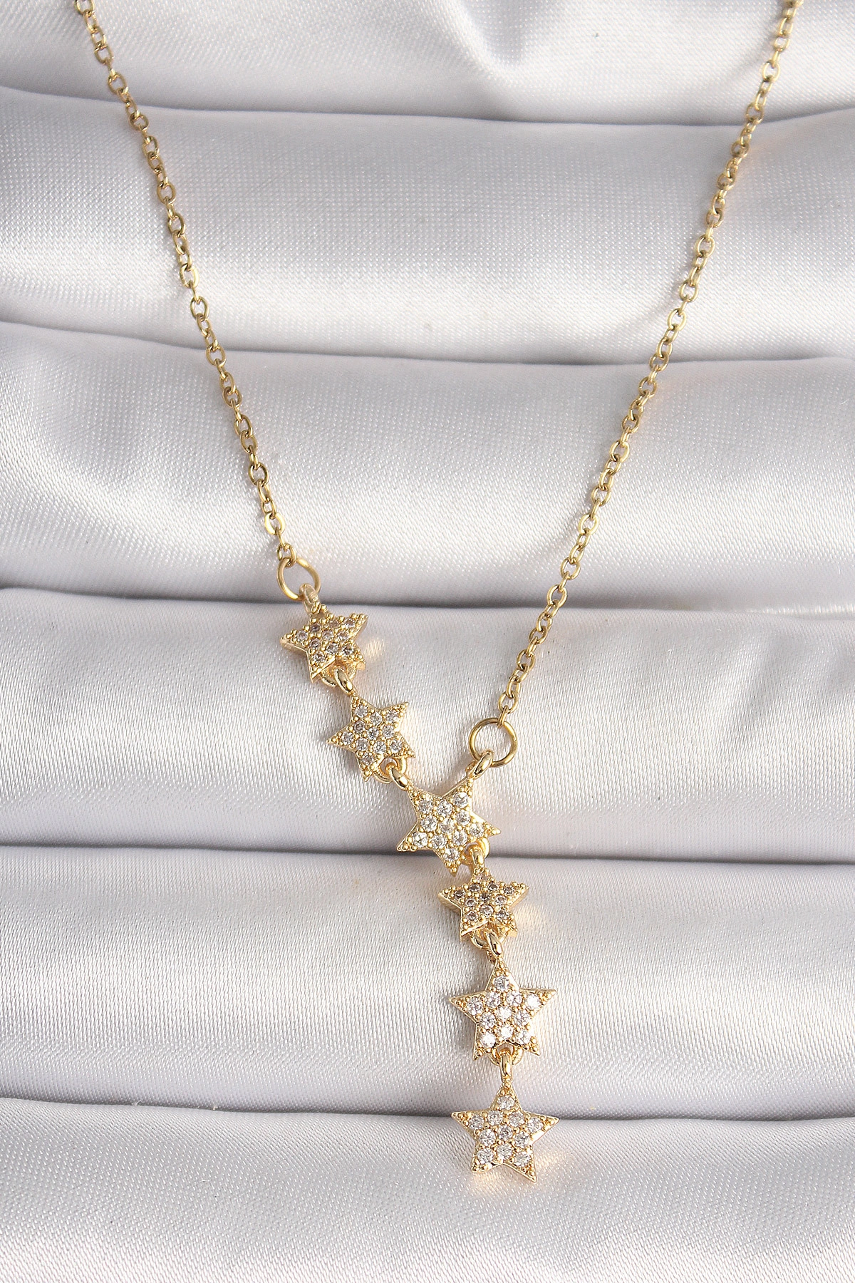 316L Çelik Gold Renk Zincir Zirkon Taşlı Yıldız Model Kadın Kolye-0