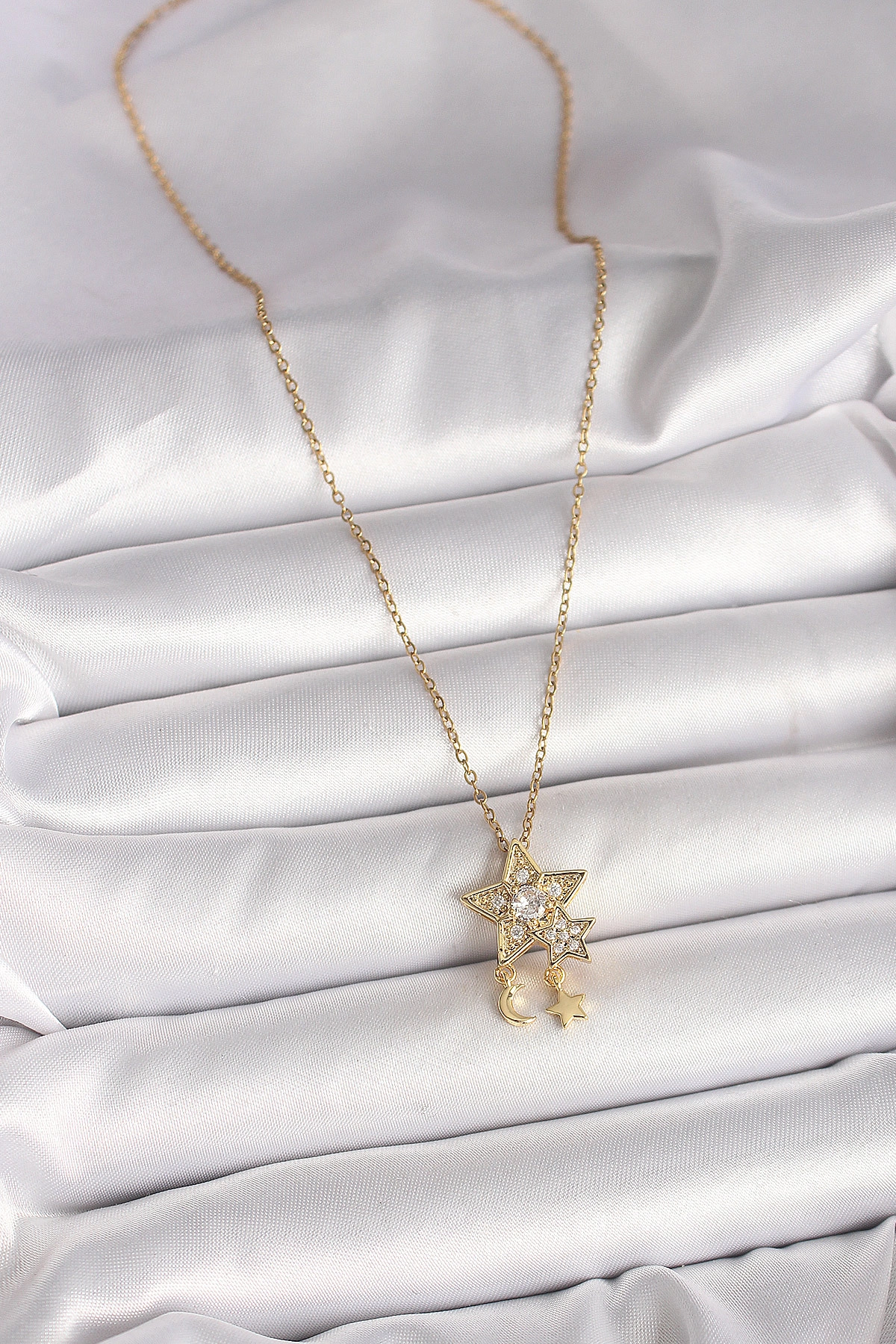 316L Çelik Gold Renk Zincir Zirkon Taşlı Yıldız Model Sallanı Ay Yıldız Detay Kadın Kolye-1