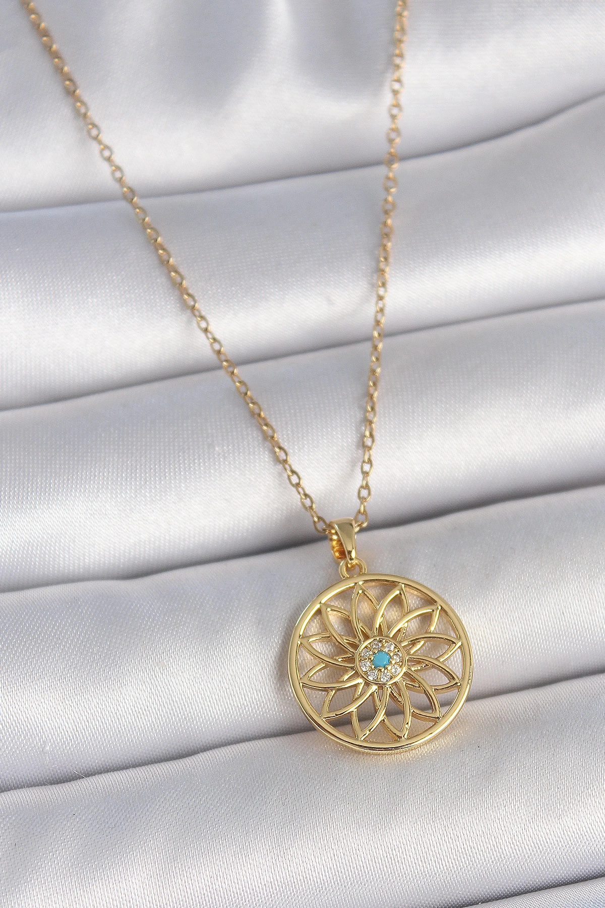 316L Çelik Gold Renk Zincr Mavi Taşlı Lotus Model Kadın Kolye-0