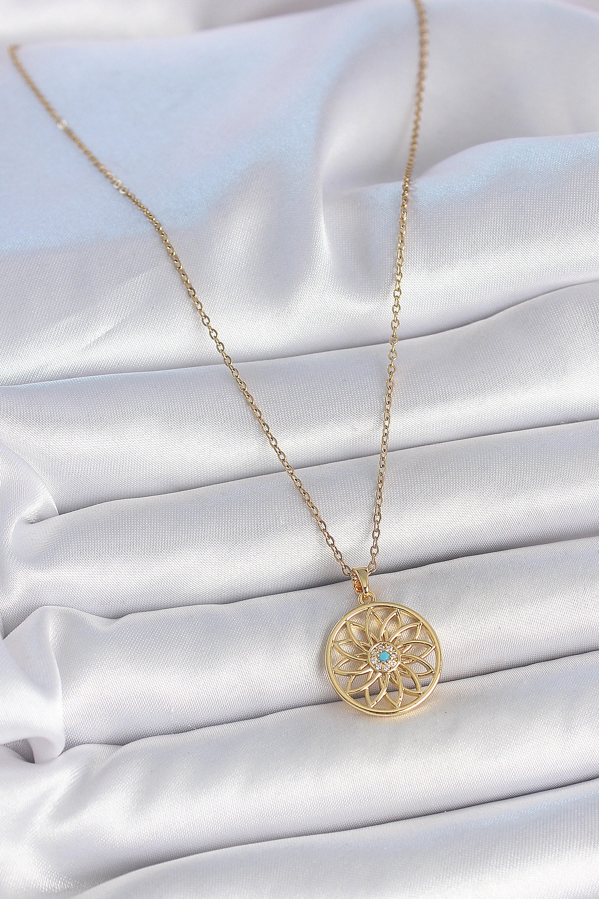 316L Çelik Gold Renk Zincr Mavi Taşlı Lotus Model Kadın Kolye-1