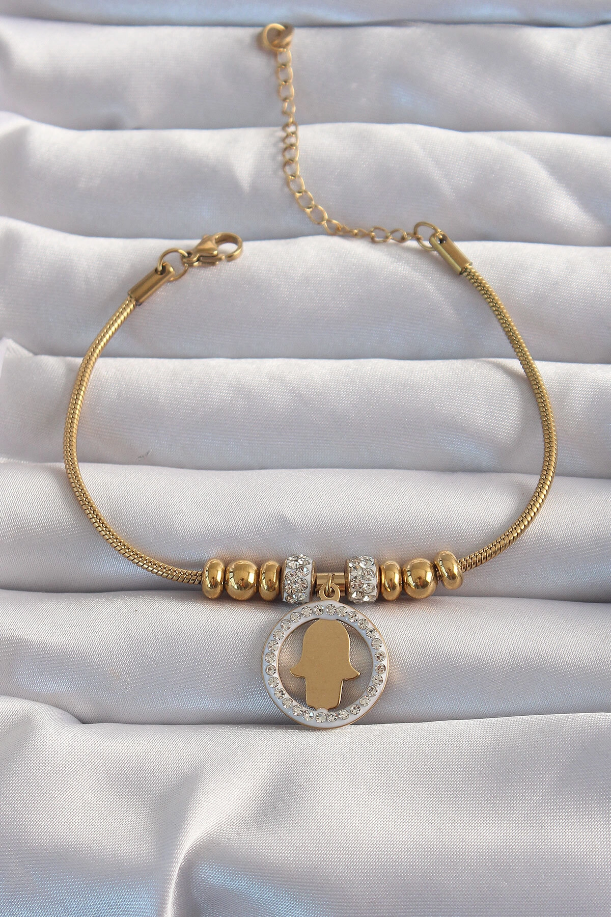 316L Çelik Gold Renk Zirkon Taş Aksesuarlı Fatma Ana Eli Bileklik-0