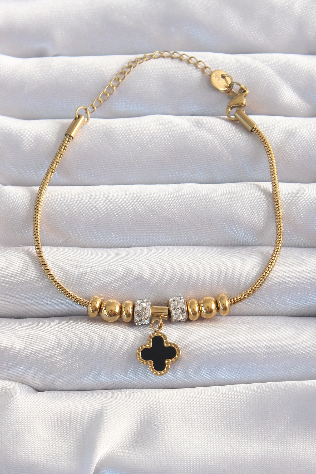 316L Çelik Gold Renk Zirkon Taş Aksesuarlı Siyah Mineli Yonca Bileklik-0