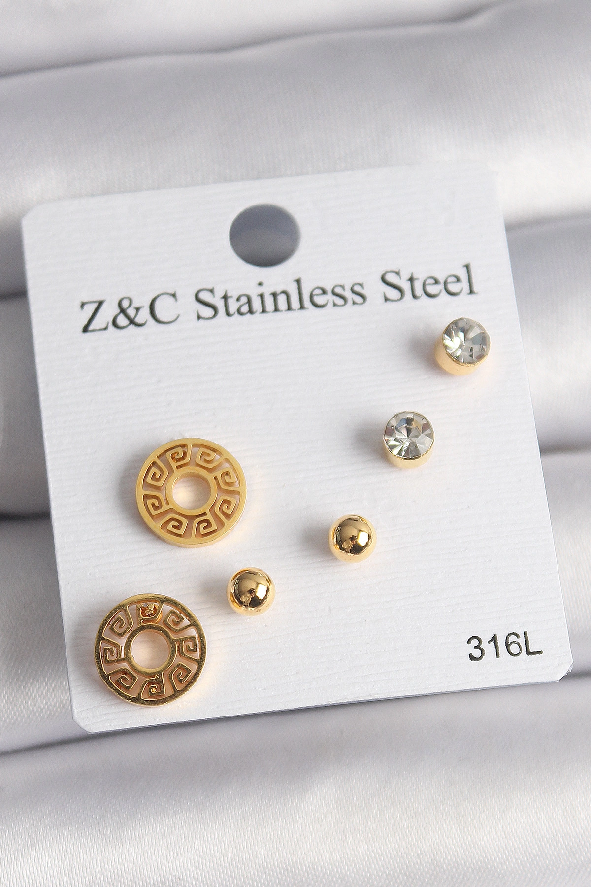 316L Çelik Gold Renk Zirkon Taşı Labirent Model Kadın Küpe Seti-0