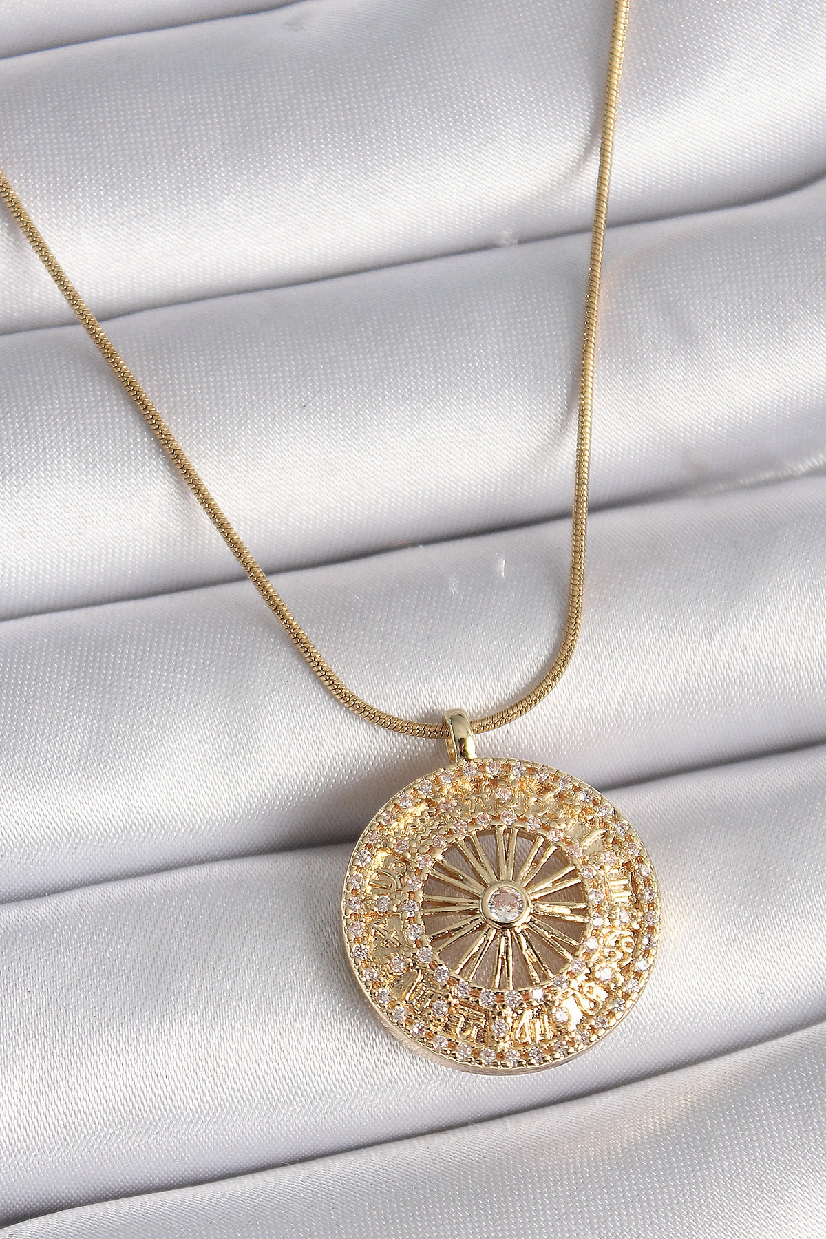 316L Çelik Gold Renk Zirkon Taşlı 12 Burç Madalyon Model Kadın Kolye-0