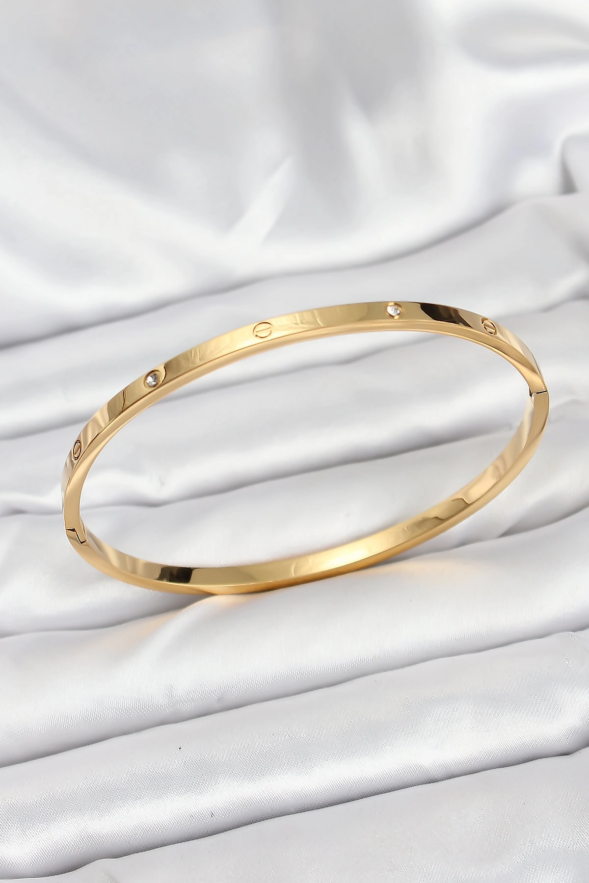 316L Çelik Gold Renk Zirkon Taşlı 65 mm İnce Kadın Kelepçe Bileklik-0