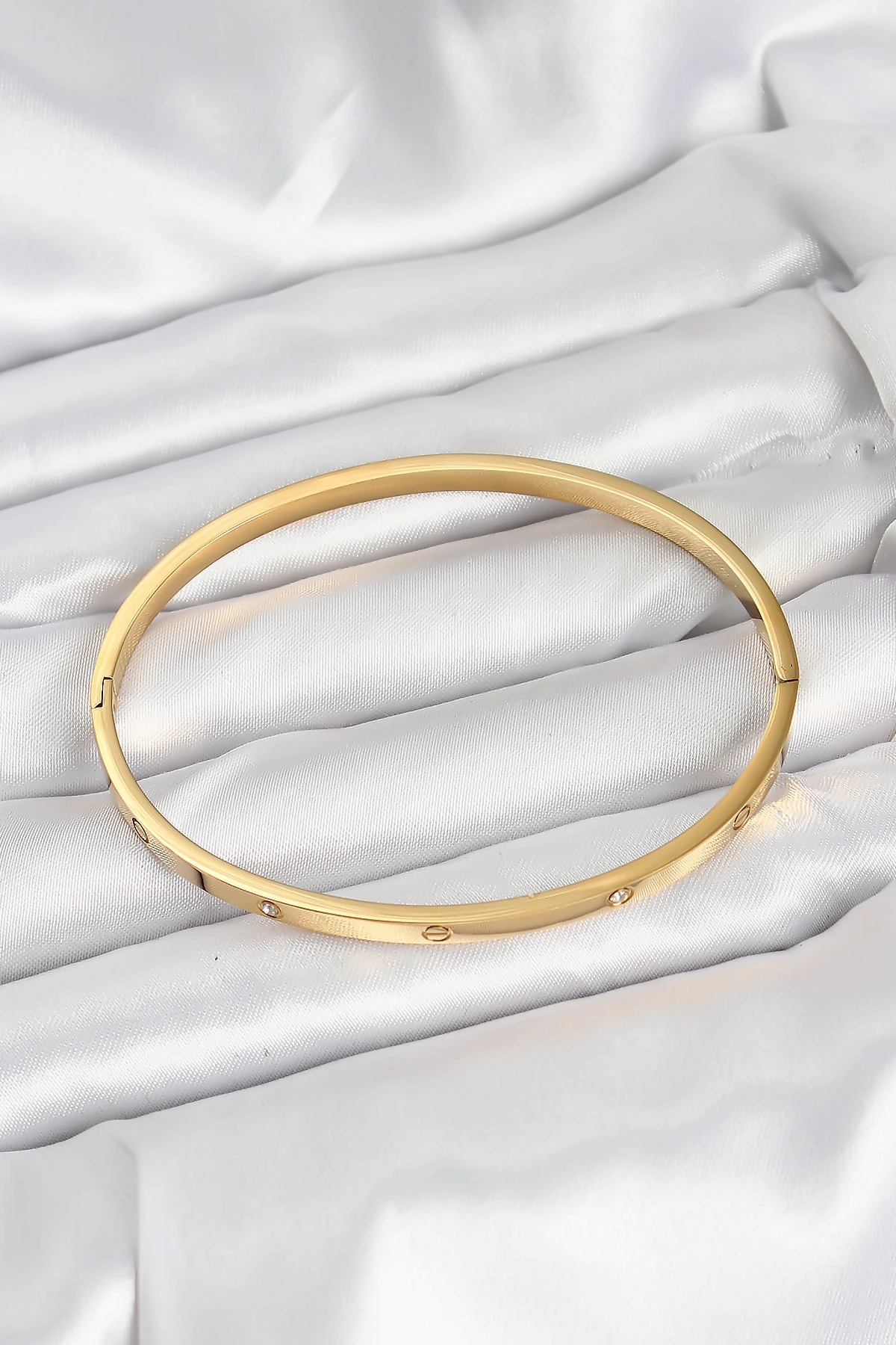 316L Çelik Gold Renk Zirkon Taşlı 65 mm İnce Kadın Kelepçe Bileklik-1