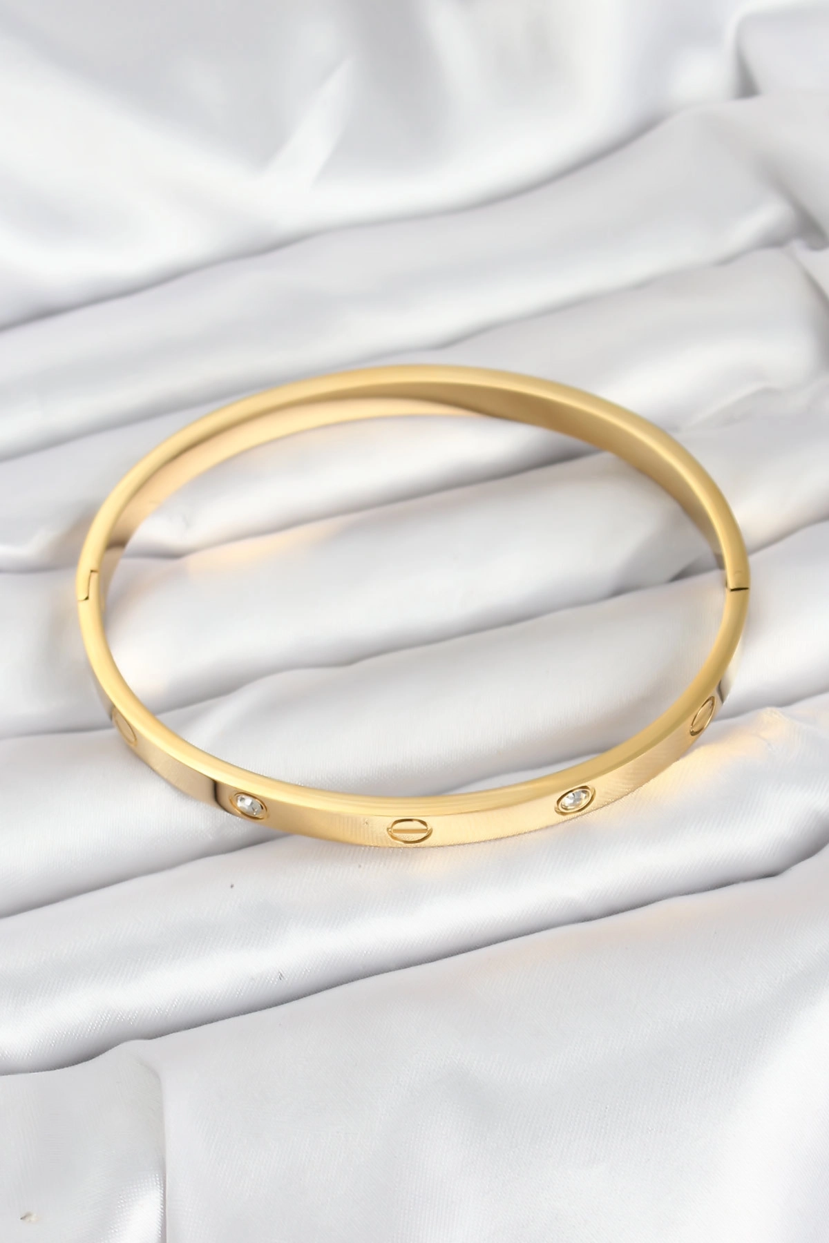 316L Çelik Gold Renk Zirkon Taşlı 65 mm Kadın Kelepçe Bileklik-1