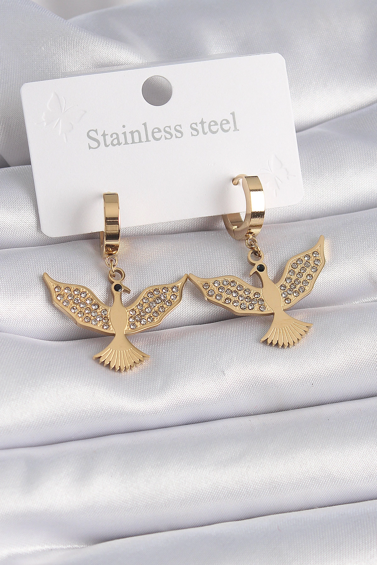 316L Çelik Gold Renk Zirkon Taşlı Anka Kuşu Model Kadın Küpe-0