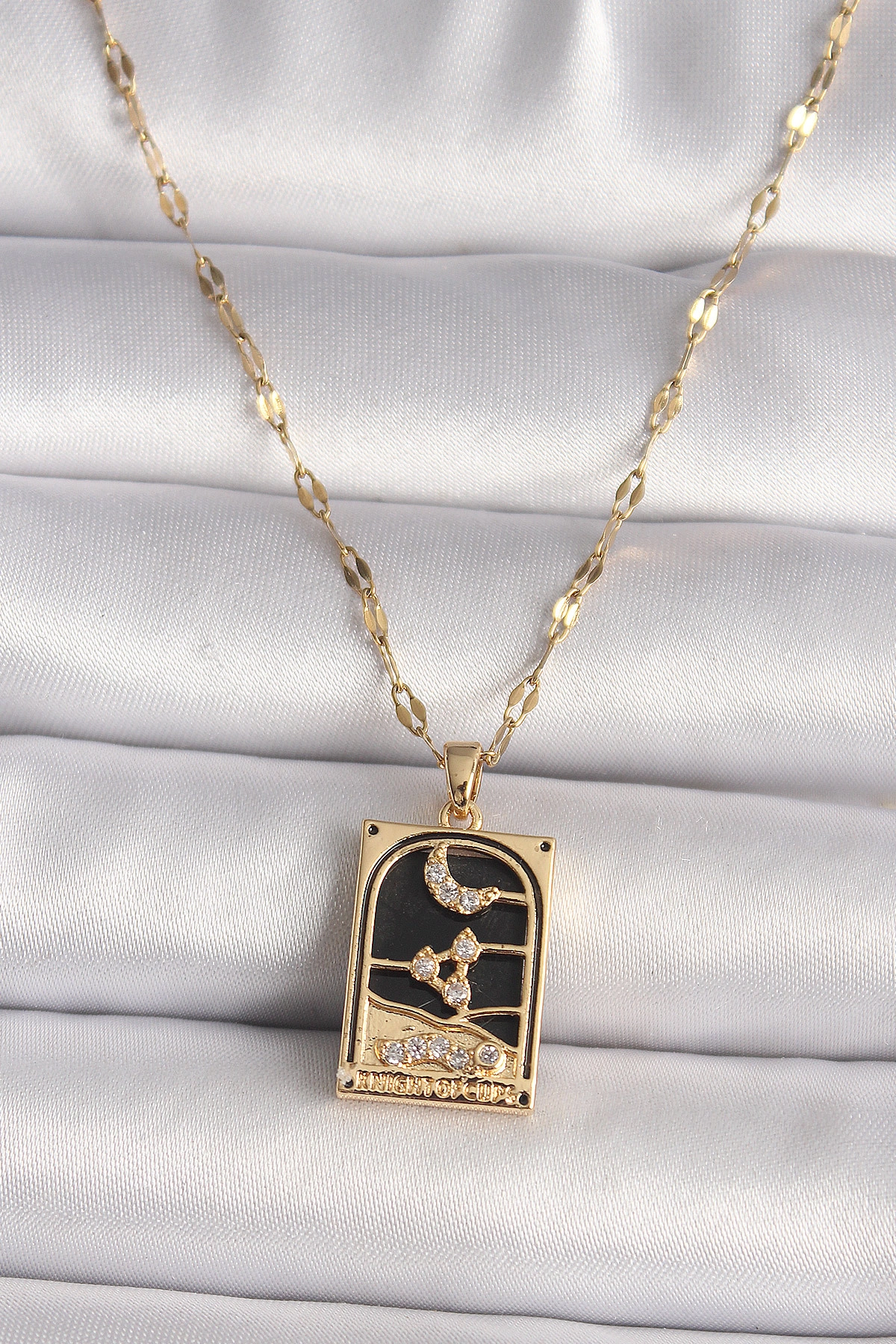316L Çelik Gold Renk Zirkon Taşlı Ay Figürlü Tarot Model Kadın Kolye-0