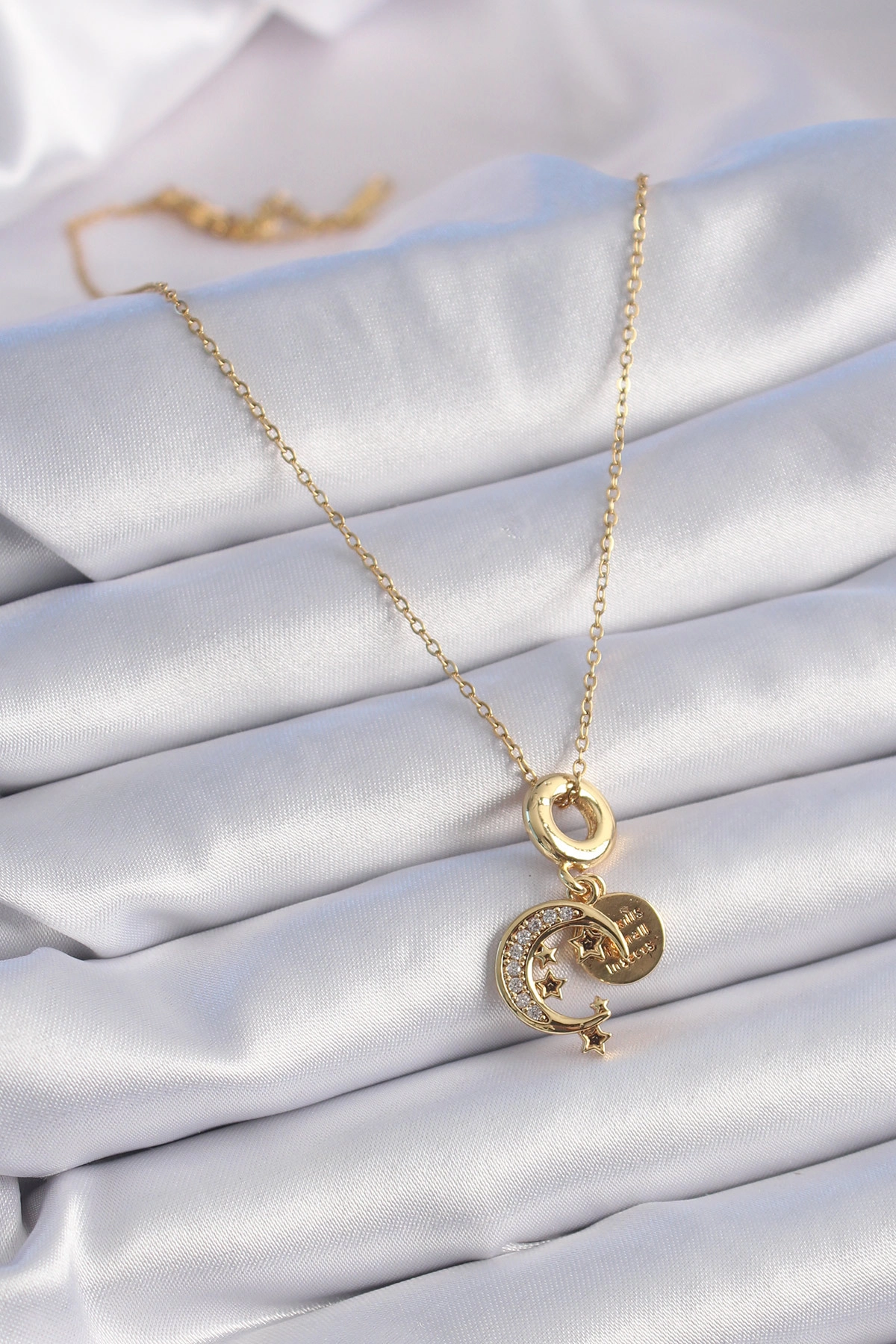 316L Çelik Gold Renk Zirkon Taşlı Ay Yıldız Model Charm Model Kadın Kolye-1