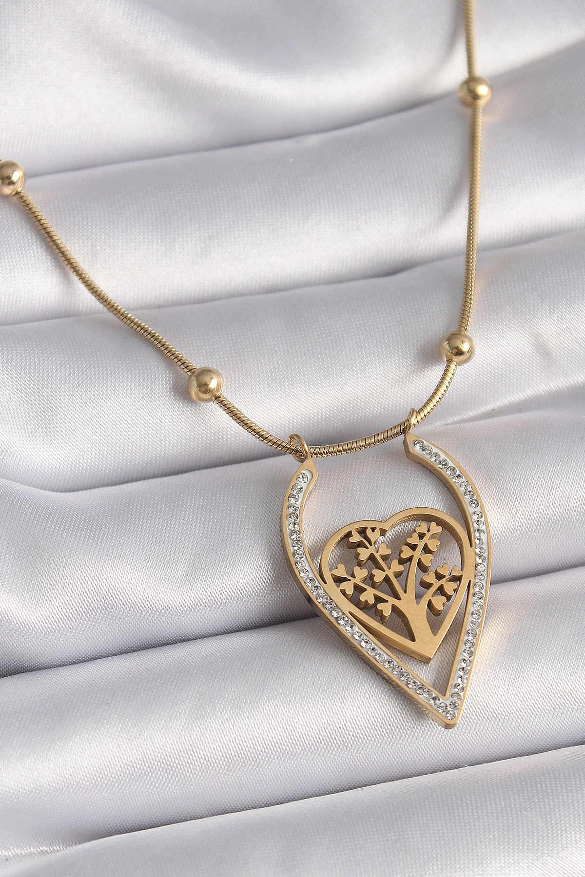 316L Çelik Gold Renk Zirkon Taşlı Detaylı Kalp Fidan Model Kadın Kolye-0