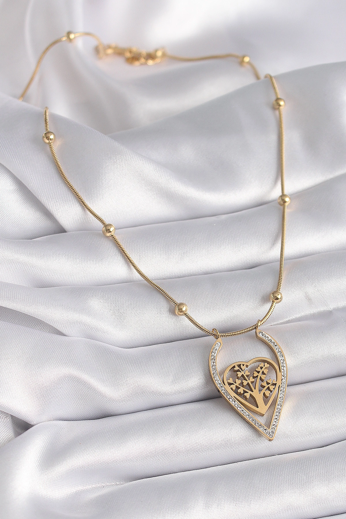 316L Çelik Gold Renk Zirkon Taşlı Detaylı Kalp Fidan Model Kadın Kolye-1