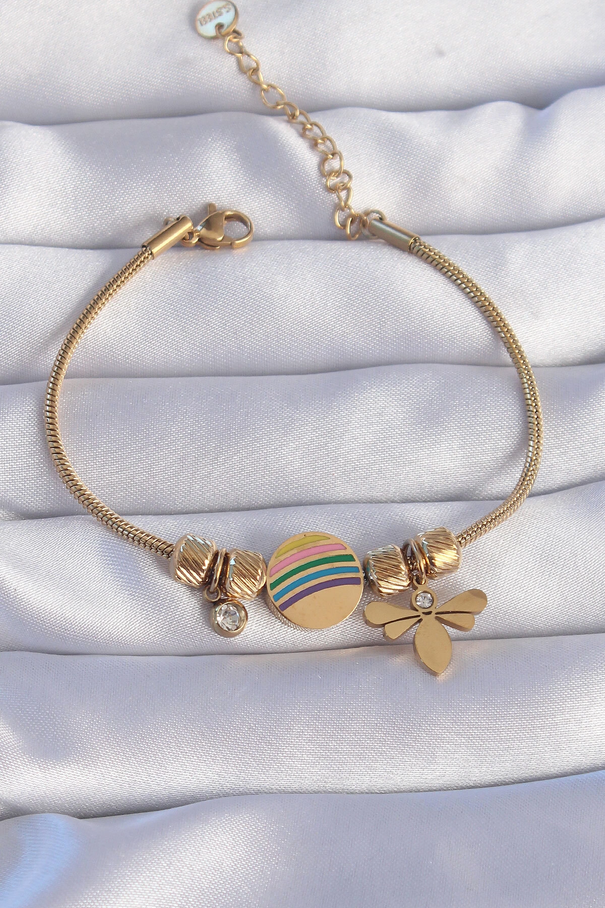 316L Çelik Gold Renk Zirkon Taşlı Gökkuşağı Tasarımlı Yusufçuk Bileklik-0