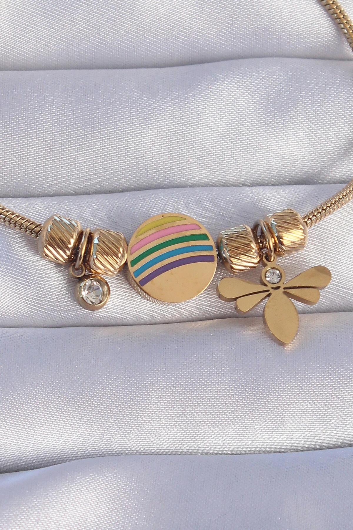 316L Çelik Gold Renk Zirkon Taşlı Gökkuşağı Tasarımlı Yusufçuk Bileklik-1