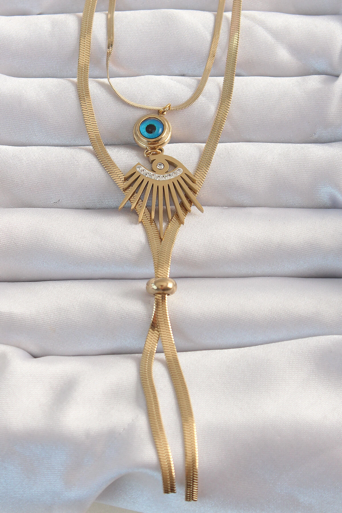 316L Çelik Gold Renk Zirkon Taşlı Göz Detay Nazarlı Uzun Asansör Model Kolye-0