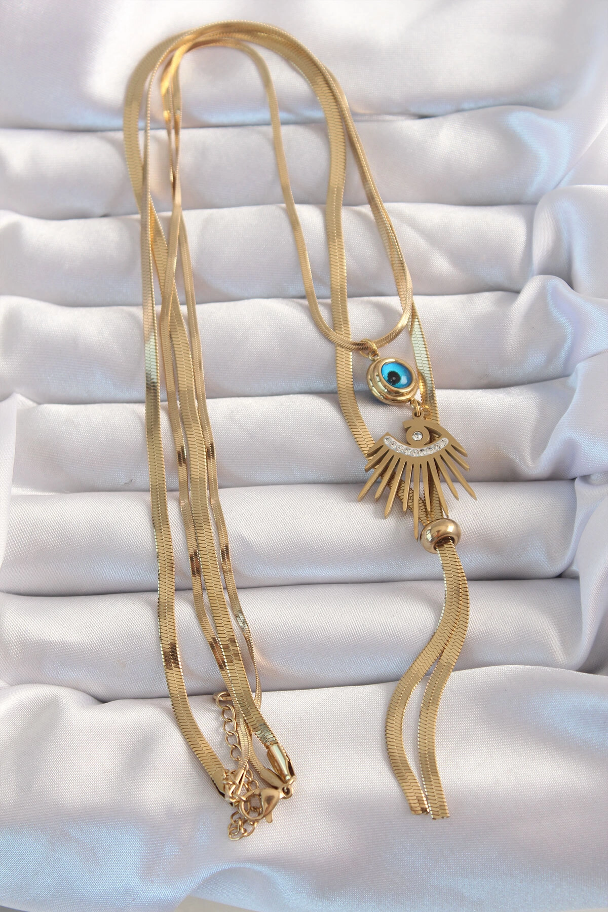 316L Çelik Gold Renk Zirkon Taşlı Göz Detay Nazarlı Uzun Asansör Model Kolye-1