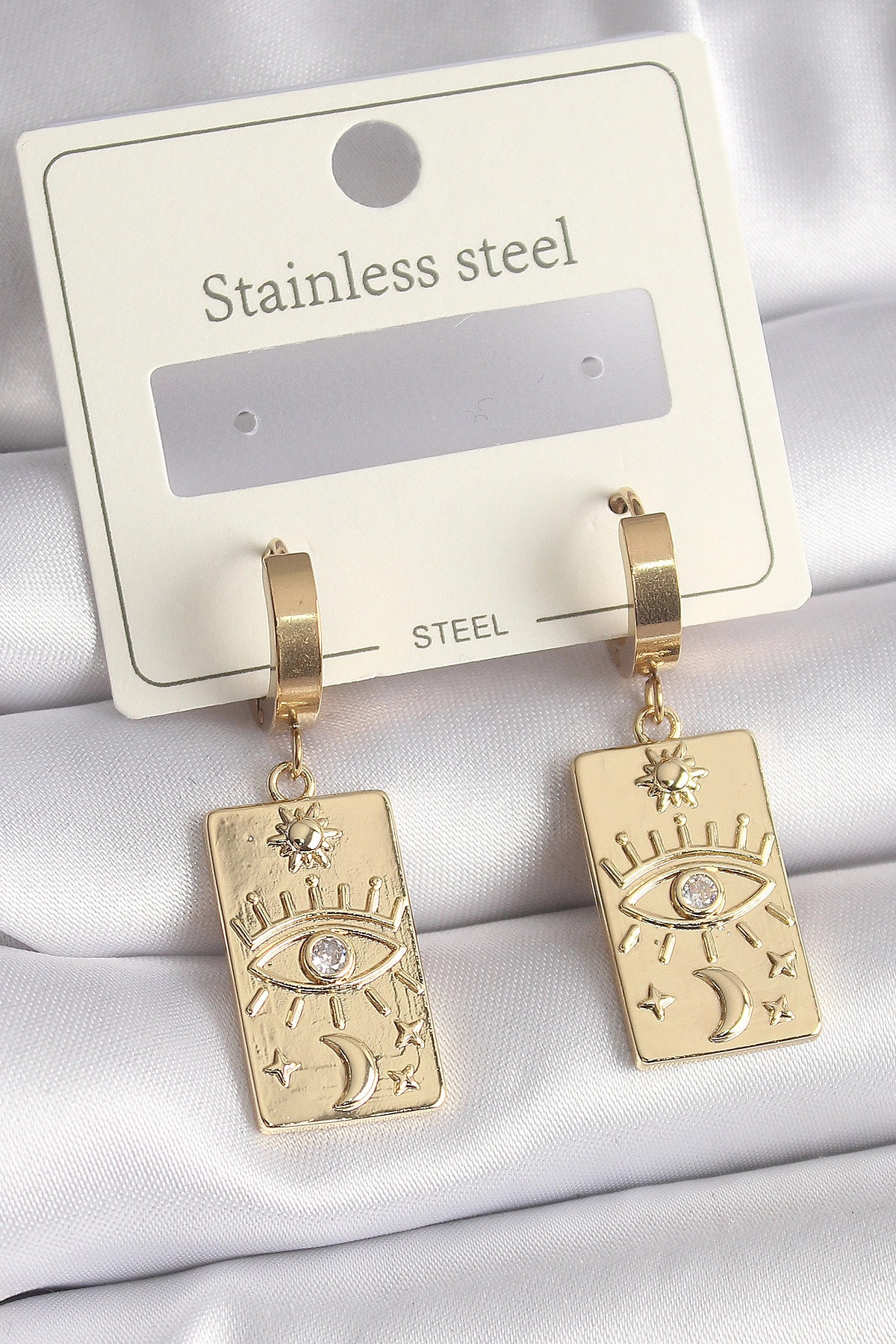 316L Çelik Gold Renk Zirkon Taşlı Göz İşleme Detay Plaka Model Kadın Küpe-0