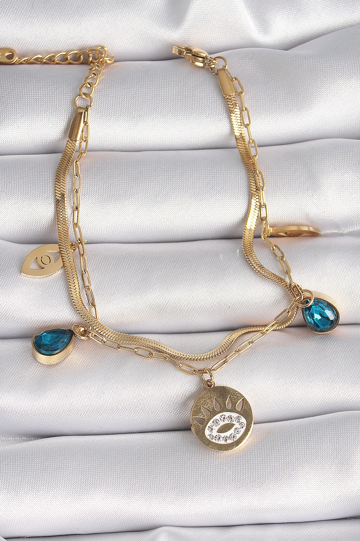 316L Çelik Gold Renk Zirkon Taşlı Göz İşleme Figür Kadın Bileklik-0