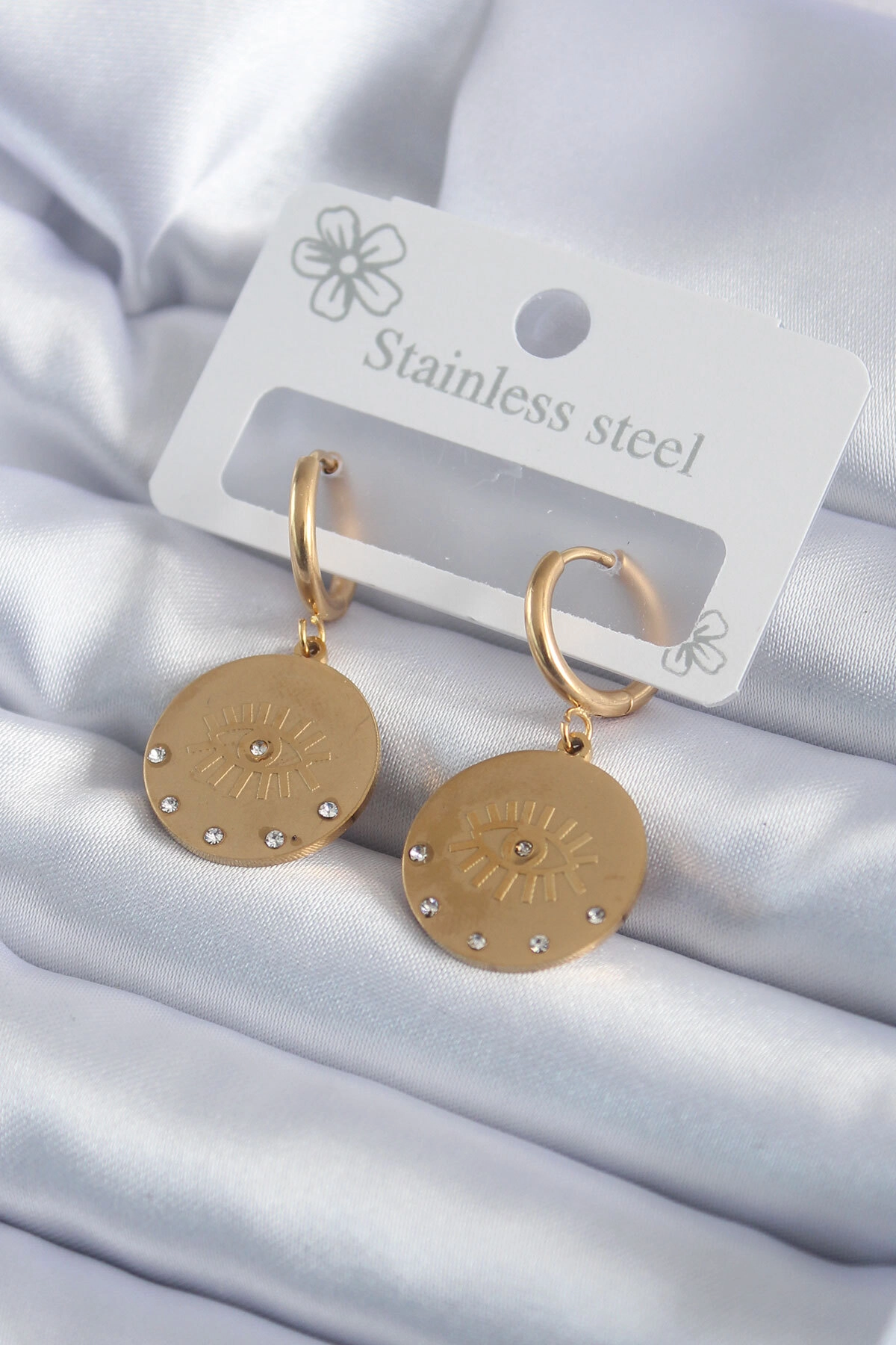 316L Çelik Gold Renk Zirkon Taşlı Göz İşleme Model Kadın Küpe-0