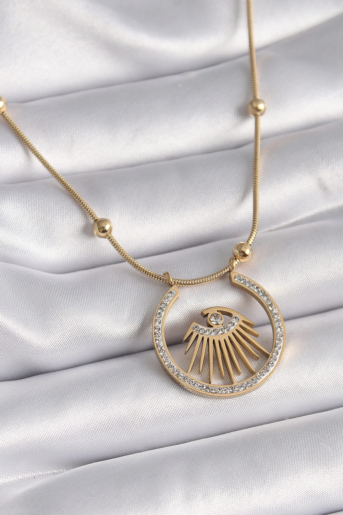 316L Çelik Gold Renk Zirkon Taşlı Göz Model Kadın Kolye-0