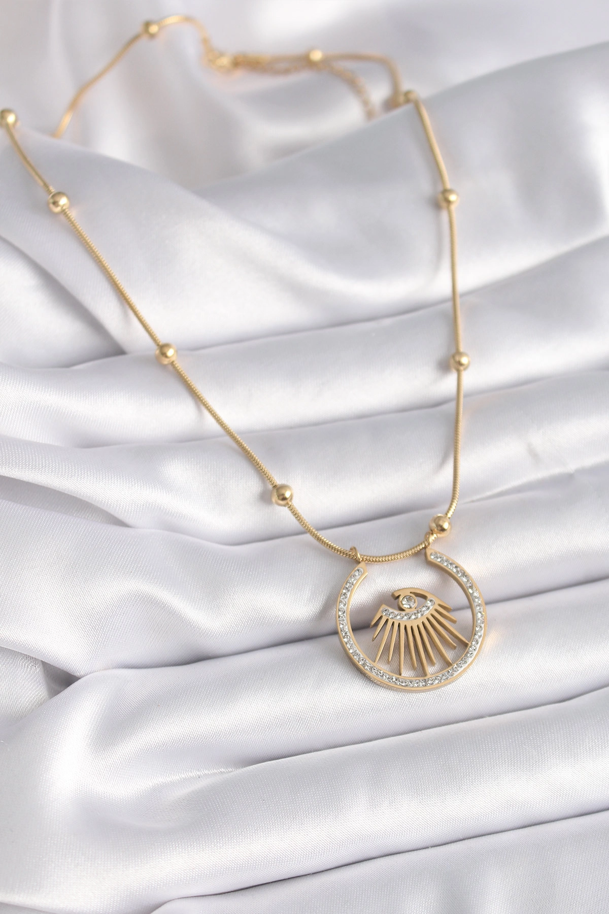 316L Çelik Gold Renk Zirkon Taşlı Göz Model Kadın Kolye-1