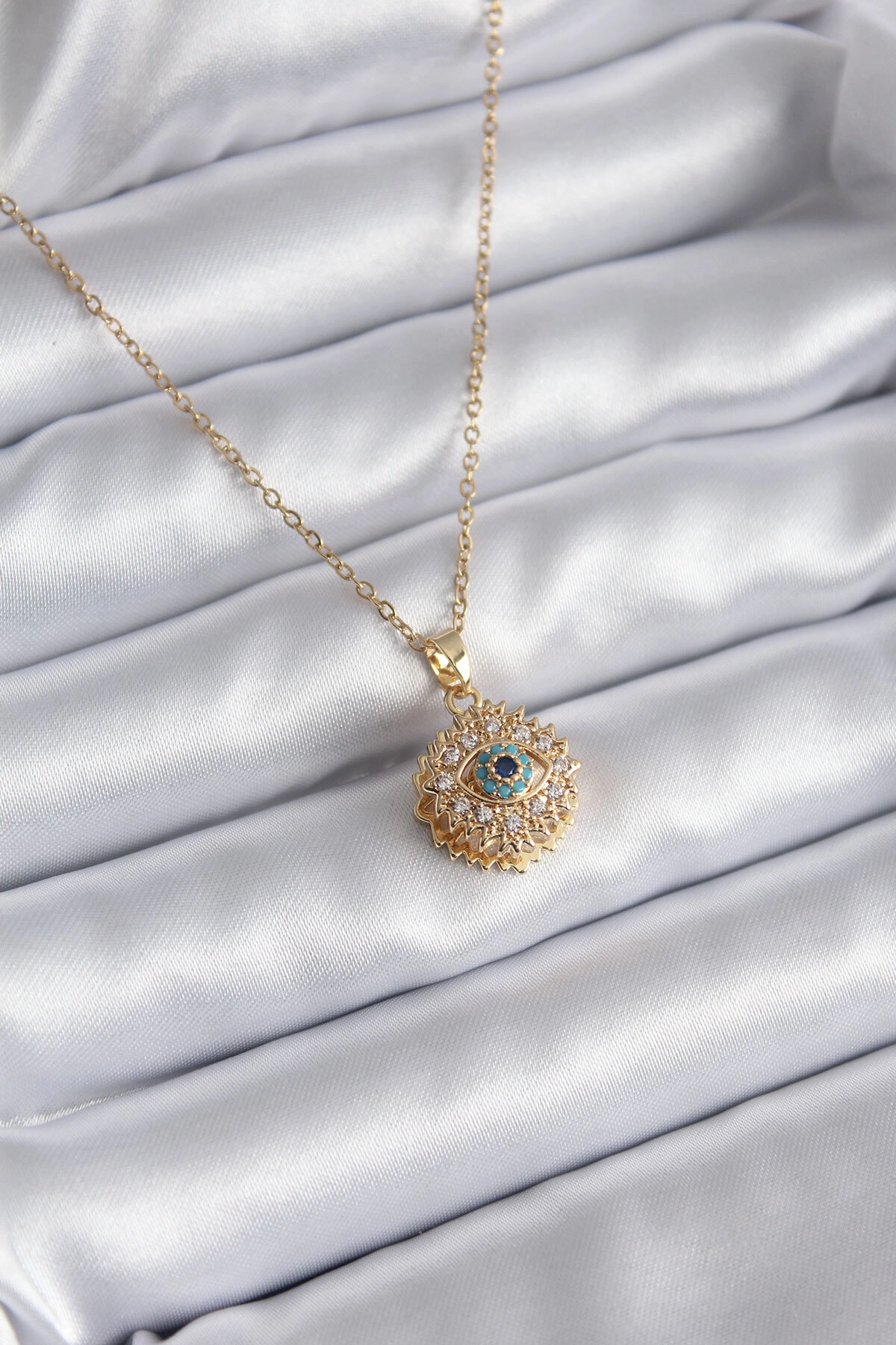 316L Çelik Gold Renk Zirkon Taşlı Göz Model Kadın Kolye-0