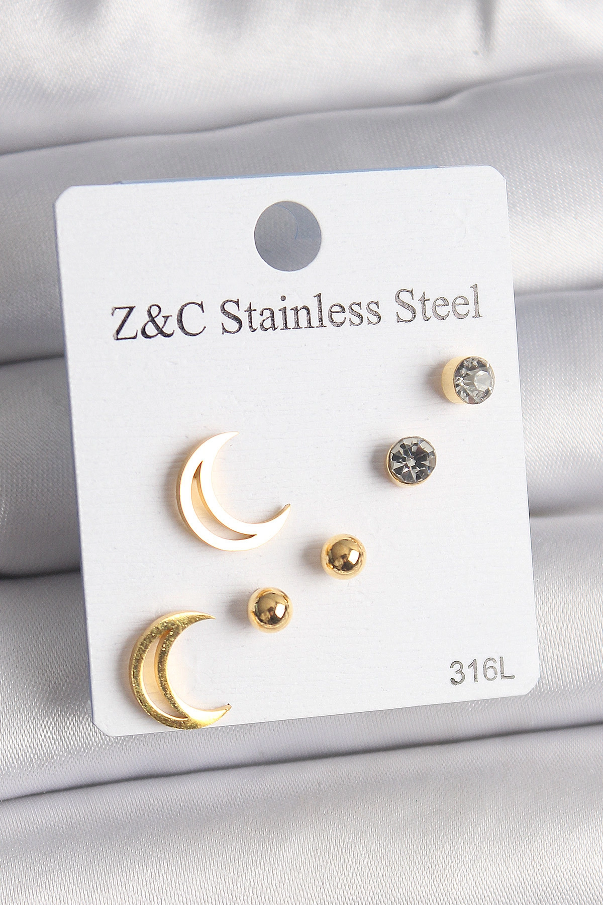 316L Çelik Gold Renk Zirkon Taşlı Hilal Model Kadın Küpe Seti-0