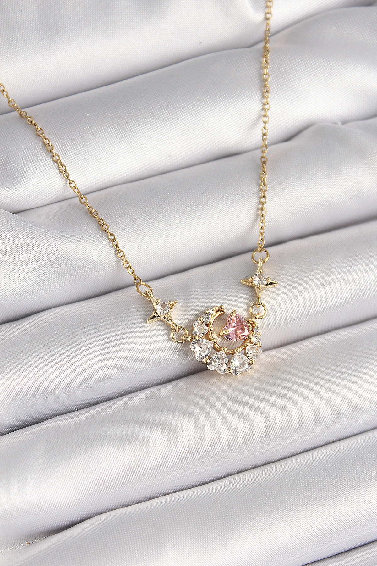 316L Çelik Gold Renk Zirkon Taşlı Hilal Pembe Kalp Model Kadın Kolye-0