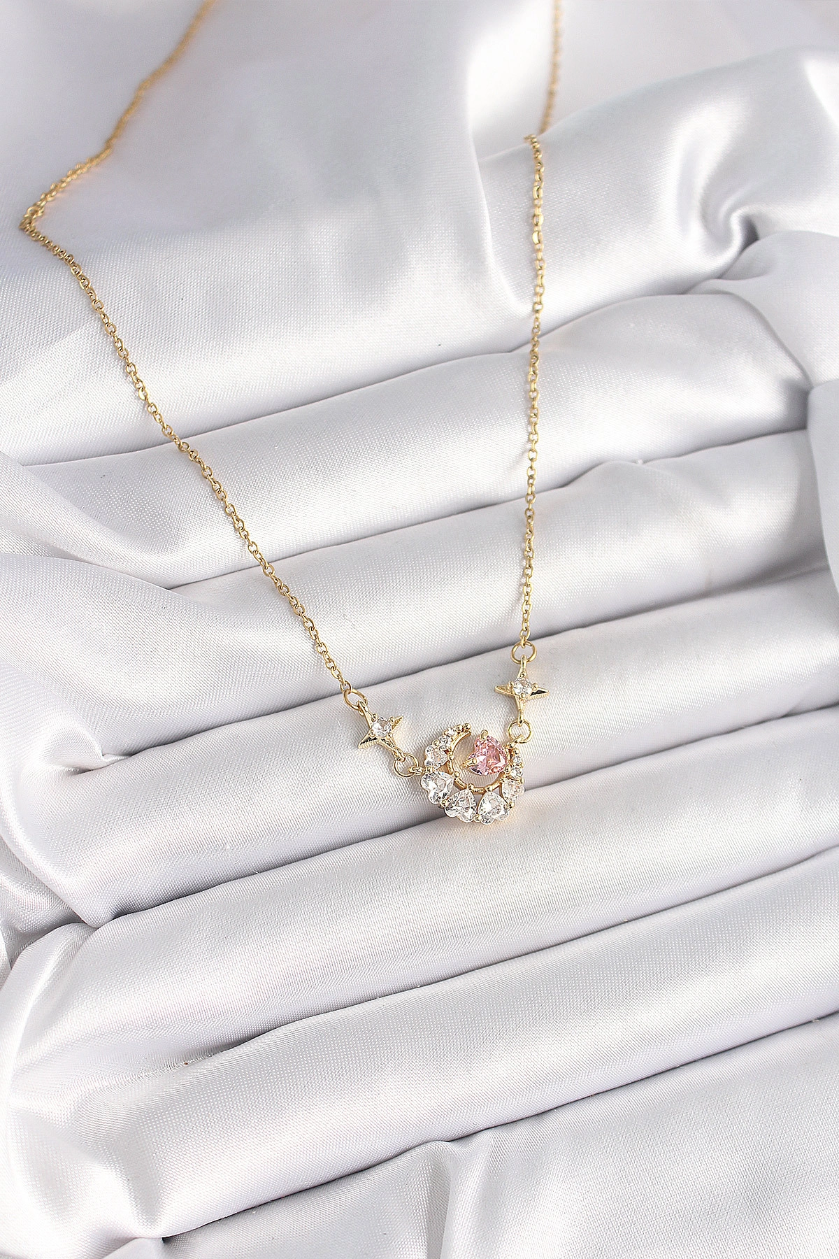 316L Çelik Gold Renk Zirkon Taşlı Hilal Pembe Kalp Model Kadın Kolye-1