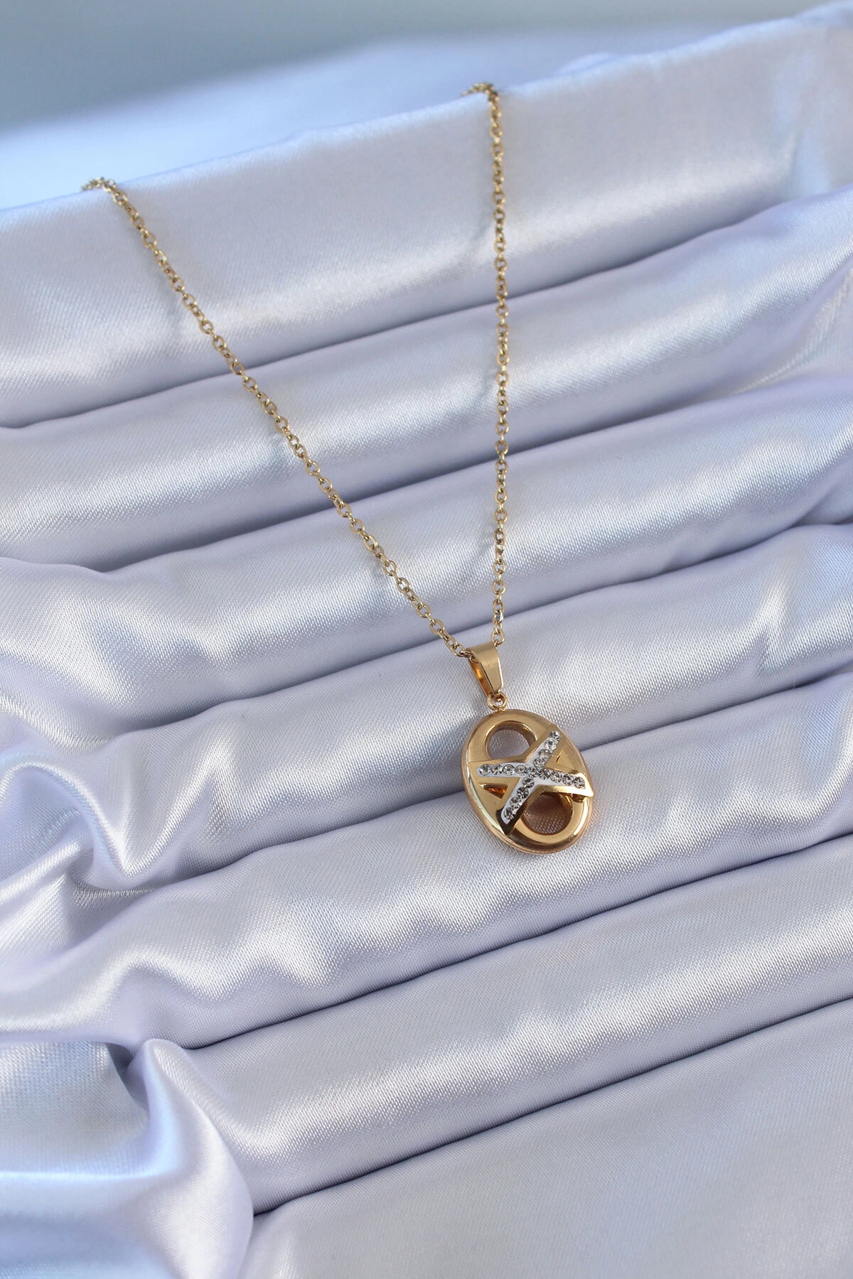 316L Çelik Gold Renk Zirkon Taşlı Kadın Kolye-1