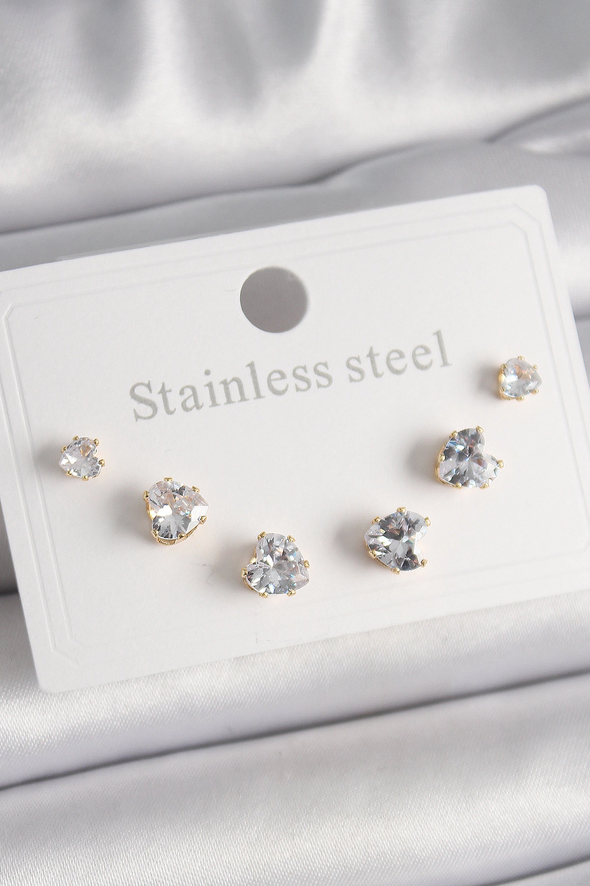 316L Çelik Gold Renk Zirkon Taşlı Kalp Model Kadın Küpe Seti-0