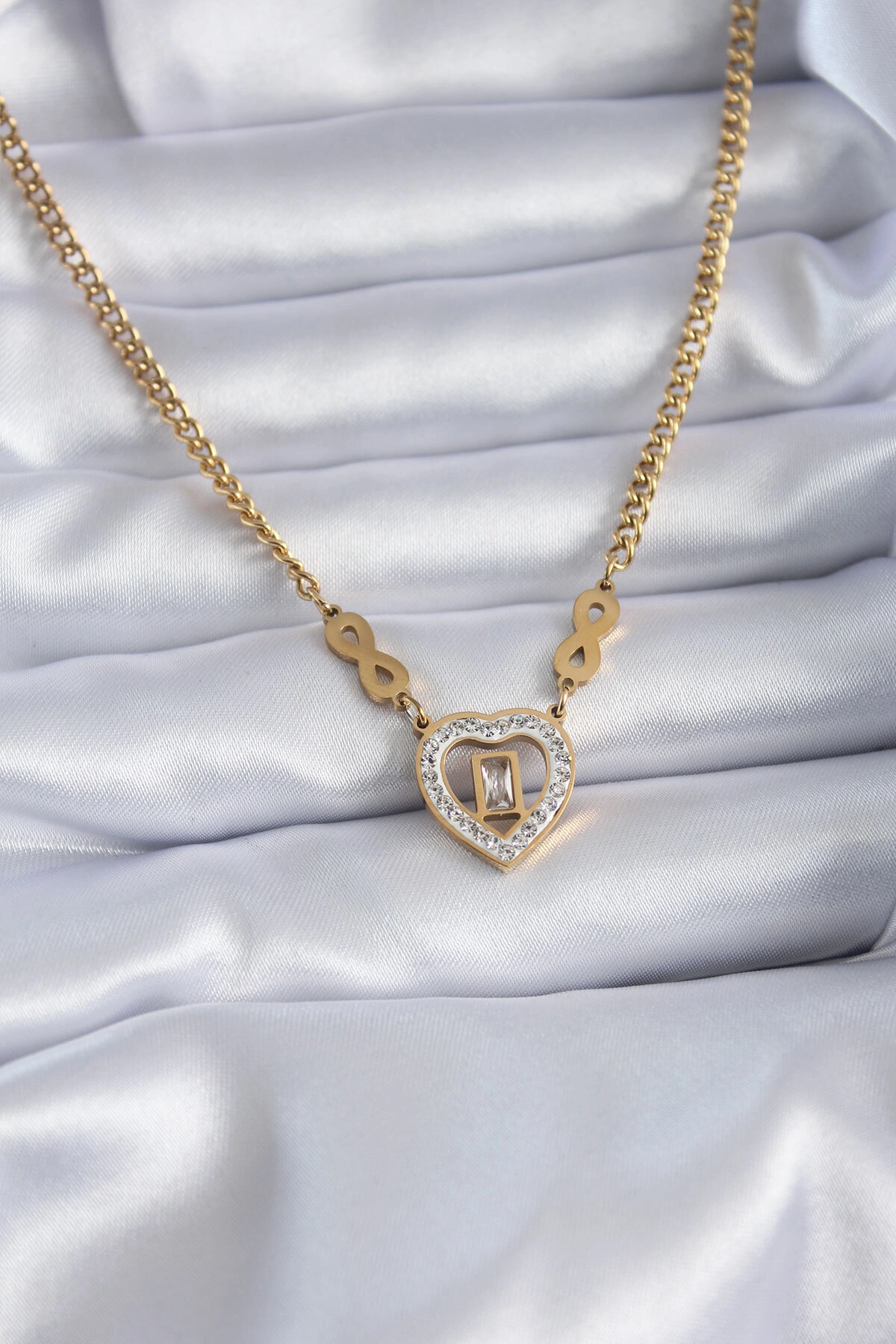 316L Çelik Gold Renk Zirkon Taşlı Kalp Model Sonsuzluk Detay Kadın Kolye-0