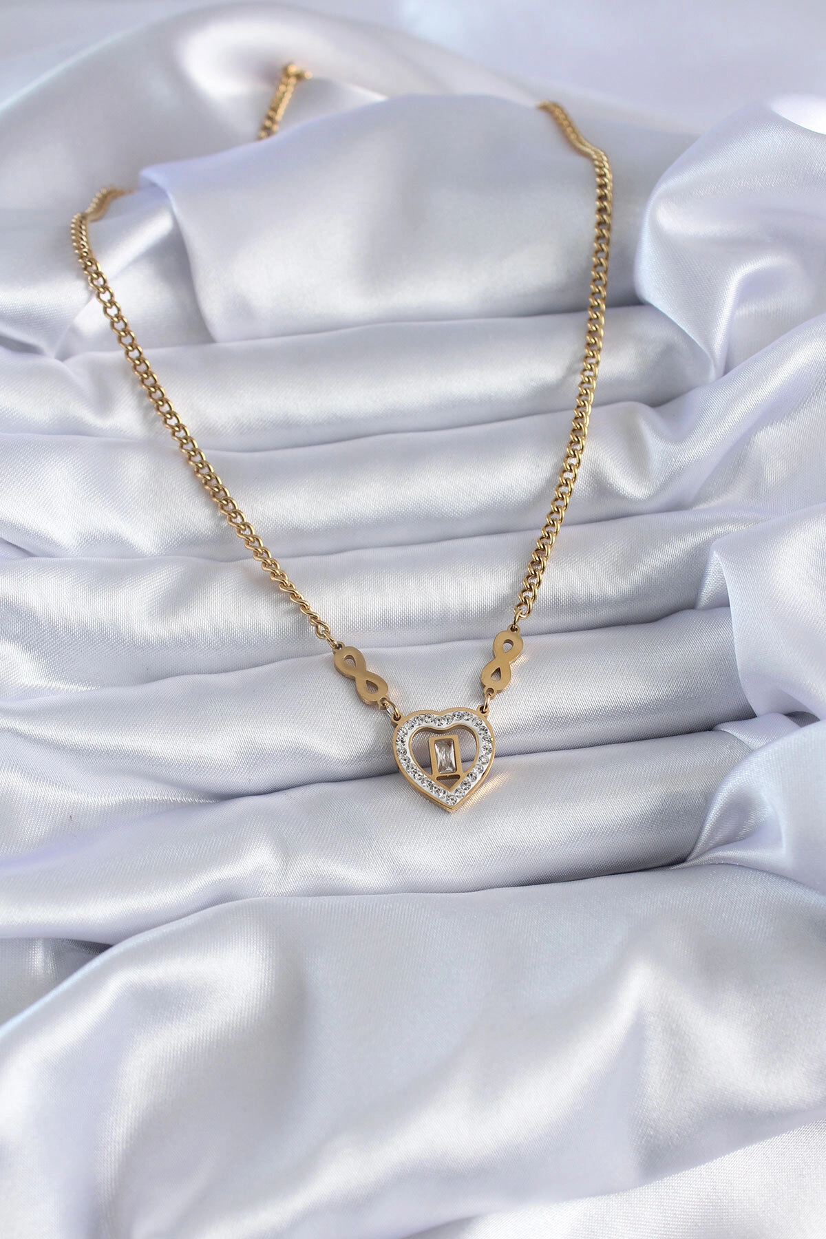 316L Çelik Gold Renk Zirkon Taşlı Kalp Model Sonsuzluk Detay Kadın Kolye-1