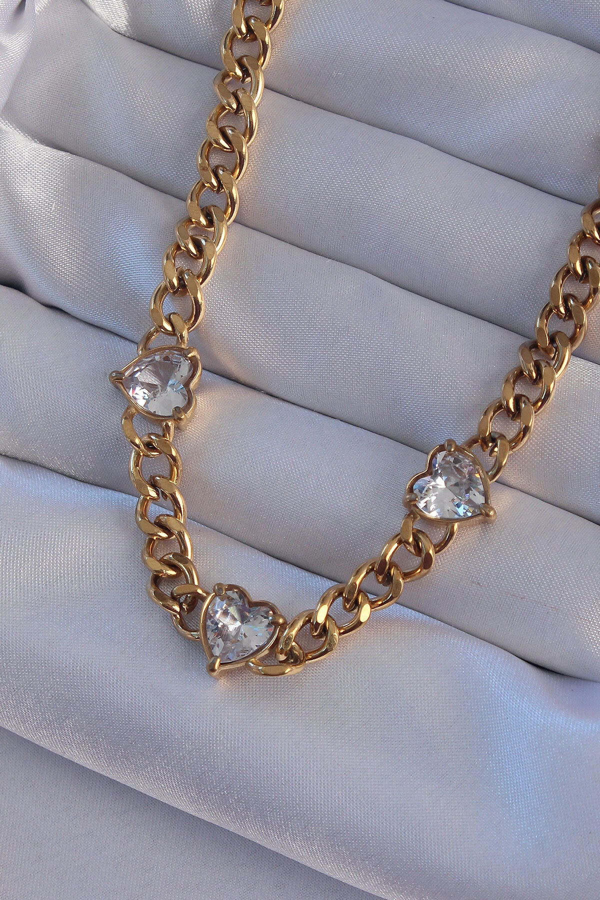 316L Çelik Gold Renk Zirkon Taşlı Kalp Model Zincir Kolye-0