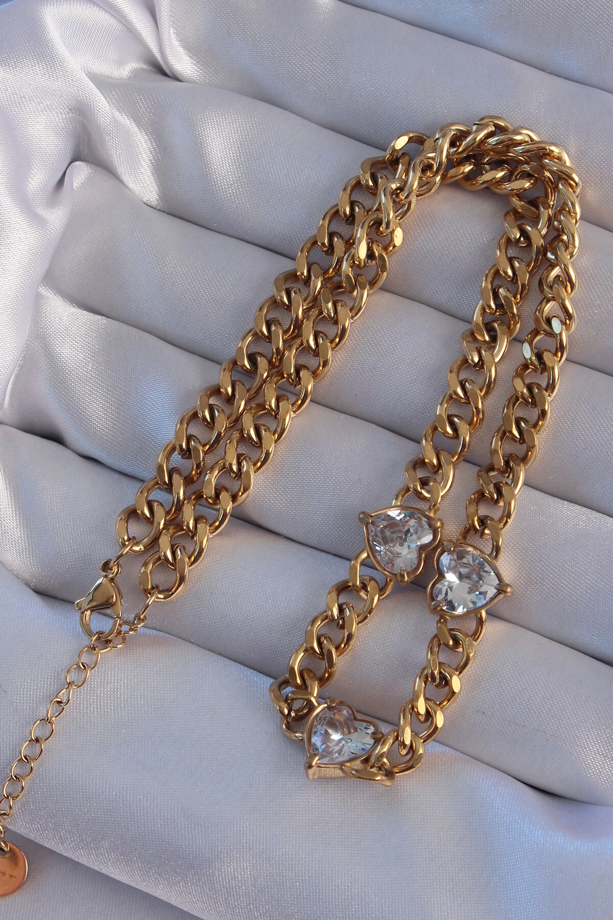 316L Çelik Gold Renk Zirkon Taşlı Kalp Model Zincir Kolye-1