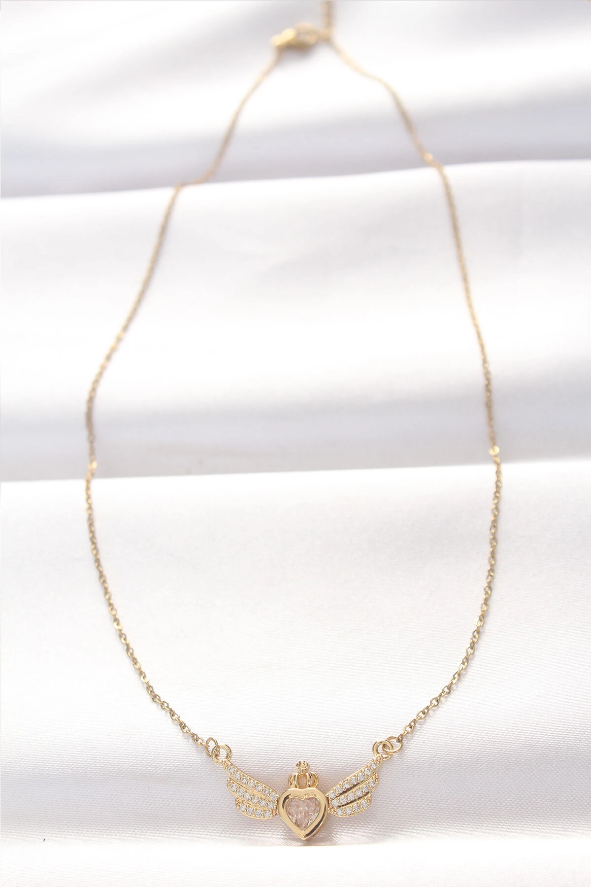 316L Çelik Gold Renk Zirkon Taşlı Kalpli Kanat Kolye-1