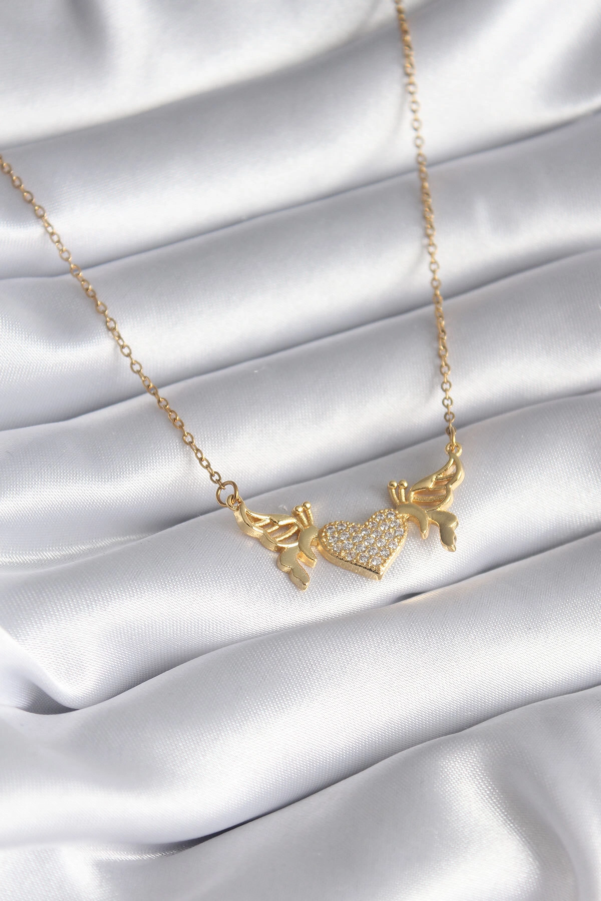 316L Çelik Gold Renk Zirkon Taşlı Kanatlı Kalp Model Kadın Kolye-0