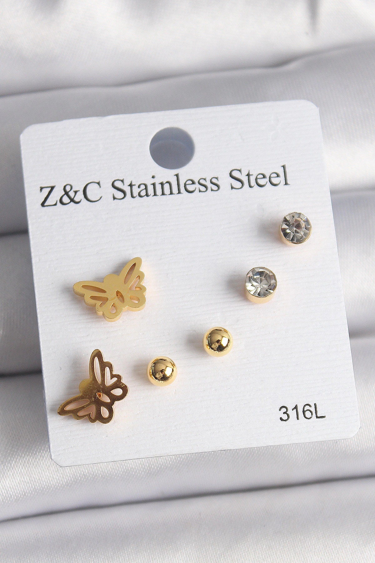 316L Çelik Gold Renk Zirkon Taşlı Kelebek Figür Kadın Küpe Seti-0