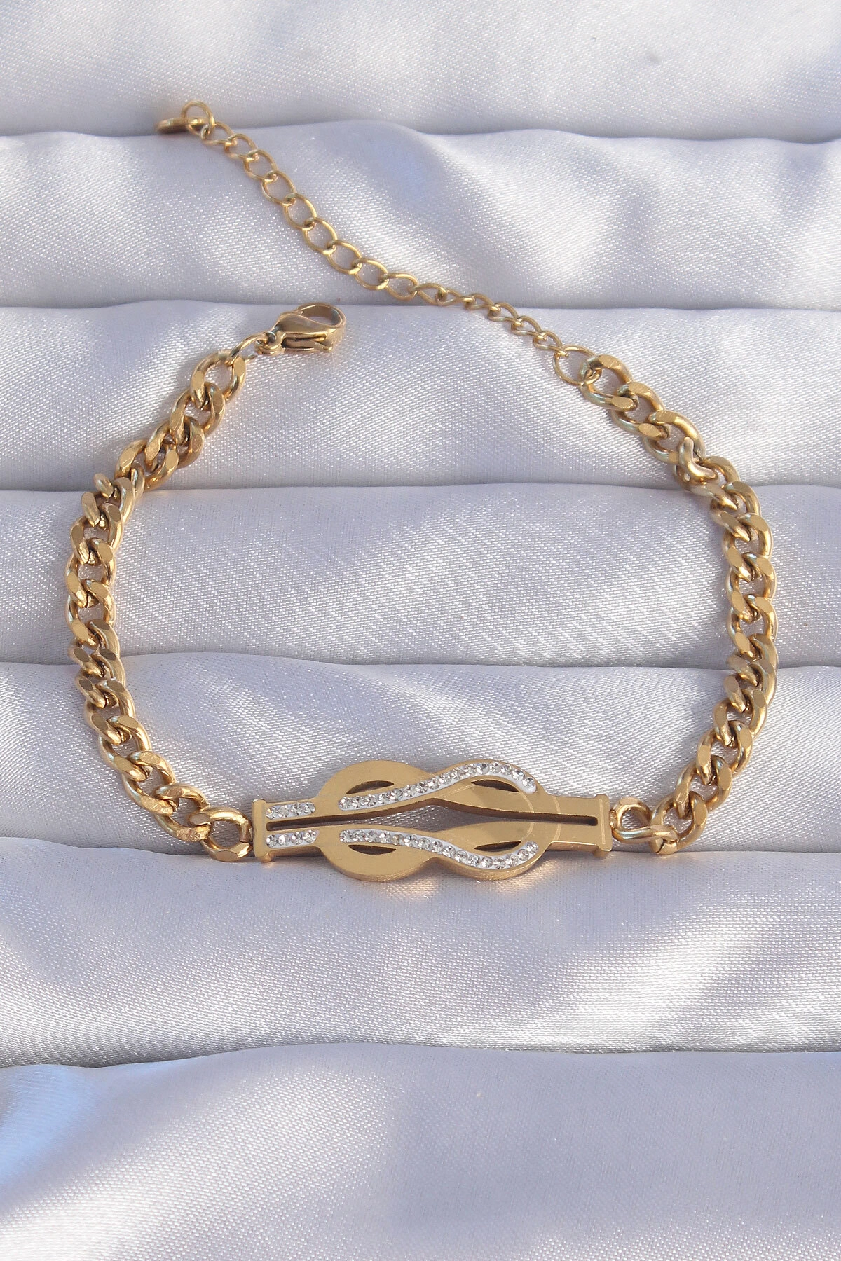 316L Çelik Gold Renk Zirkon Taşlı Kemer Tokası Model Zincir Bileklik-0