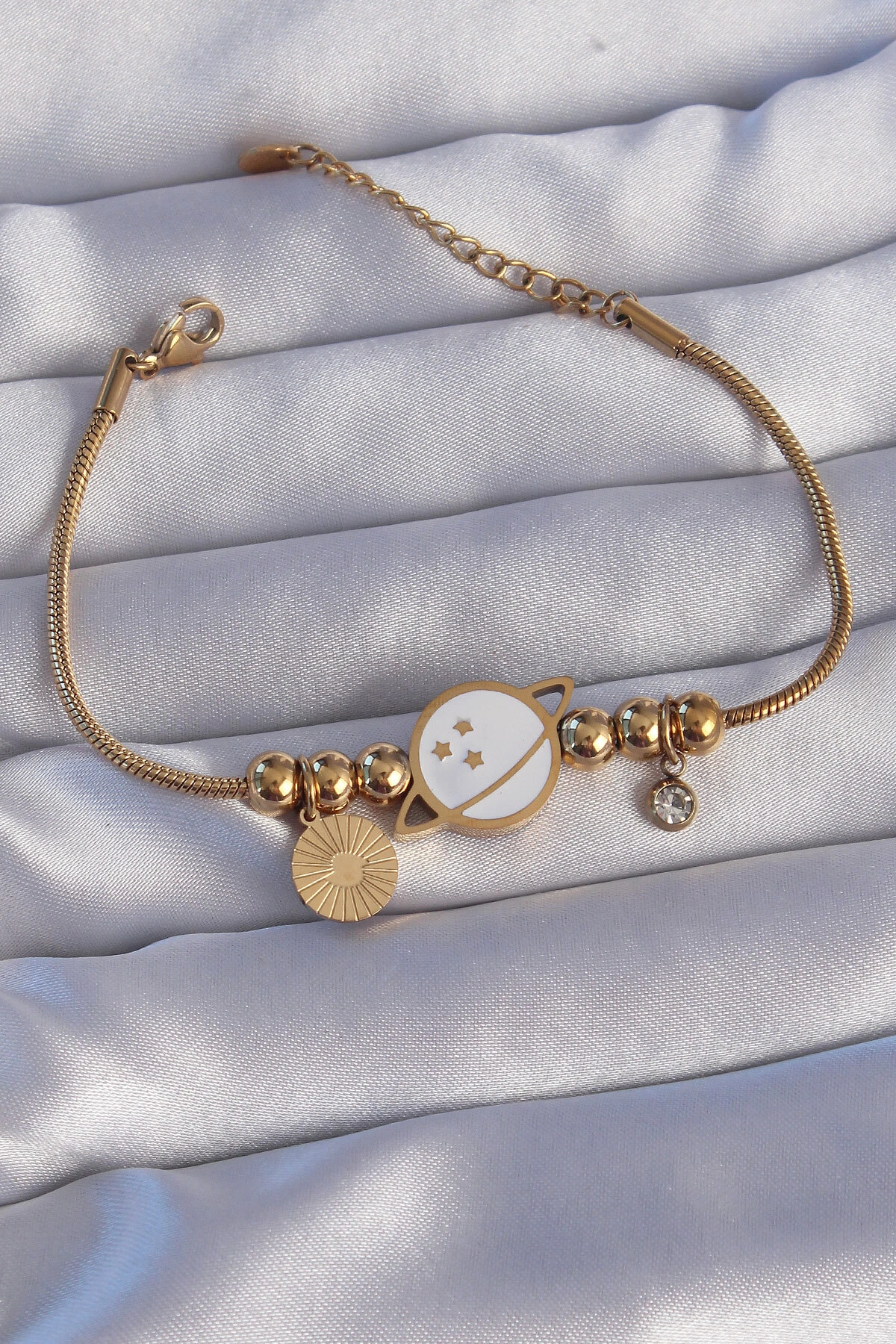 316L Çelik Gold Renk Zirkon Taşlı Mineli Satürn Tasarımlı Bileklik-0