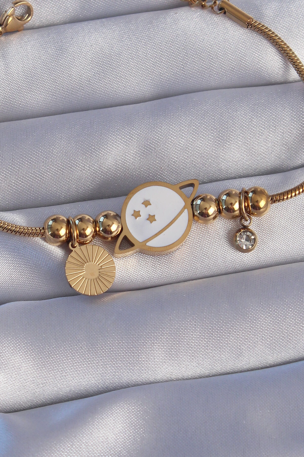 316L Çelik Gold Renk Zirkon Taşlı Mineli Satürn Tasarımlı Bileklik-1