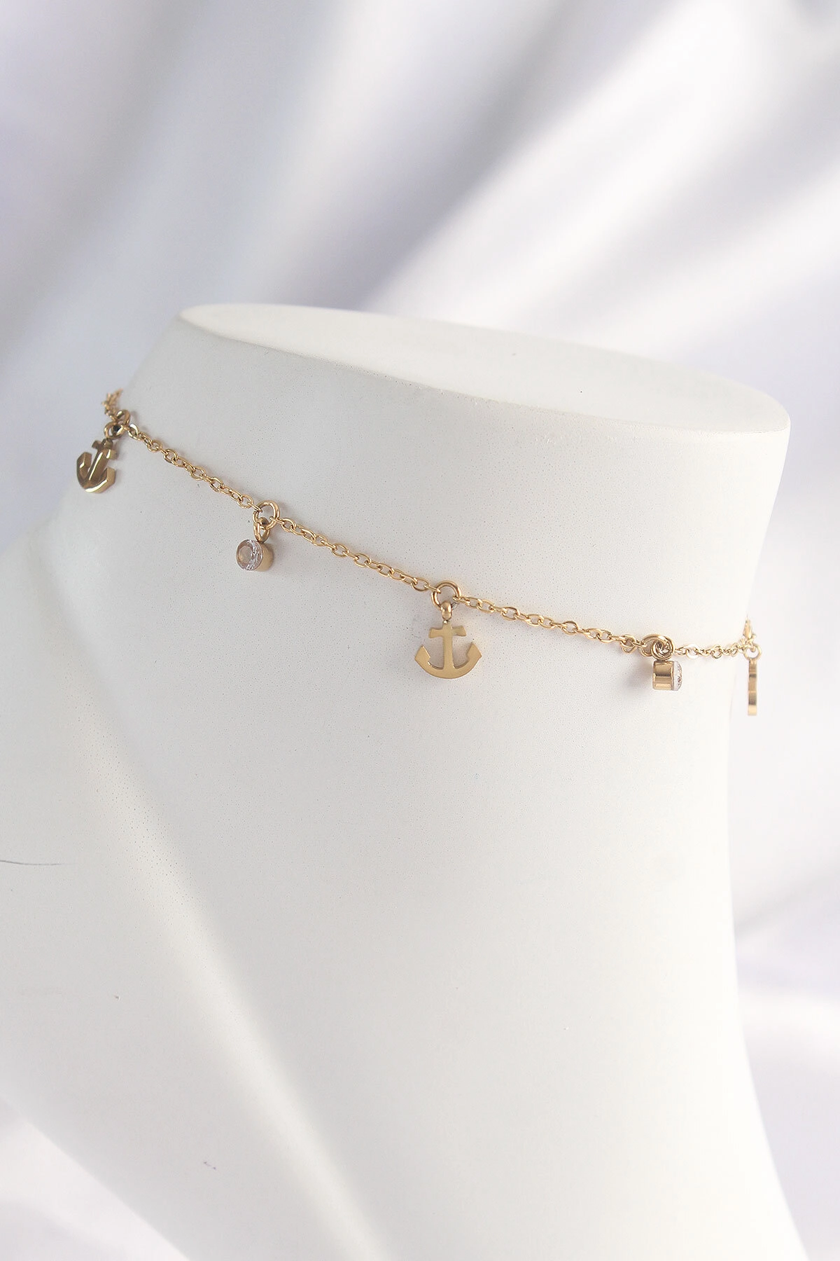 316L Çelik Gold Renk Zirkon Taşlı Minimal Çapa Tasarımlı Halhal-0