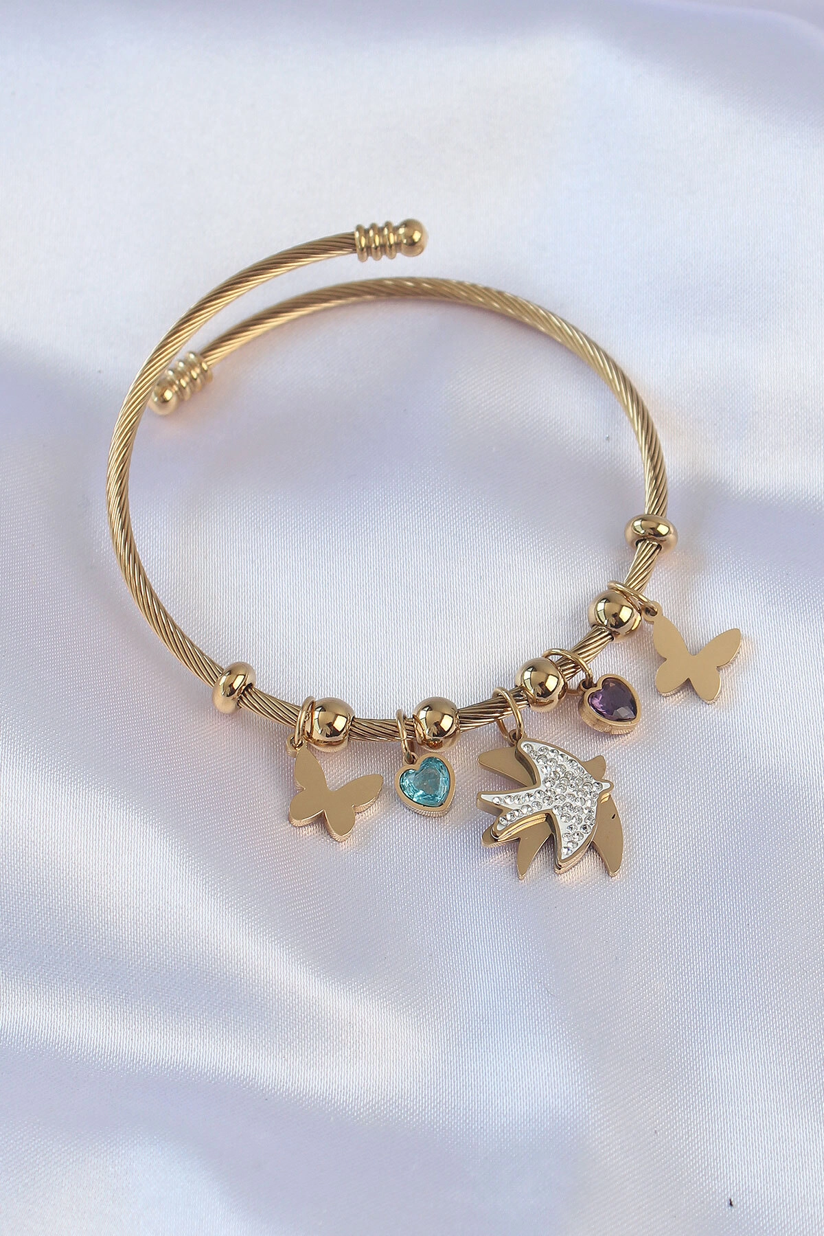 316L Çelik Gold Renk Zirkon Taşlı Minimal Kalp Detay Kelebek Charm Bileklik-0