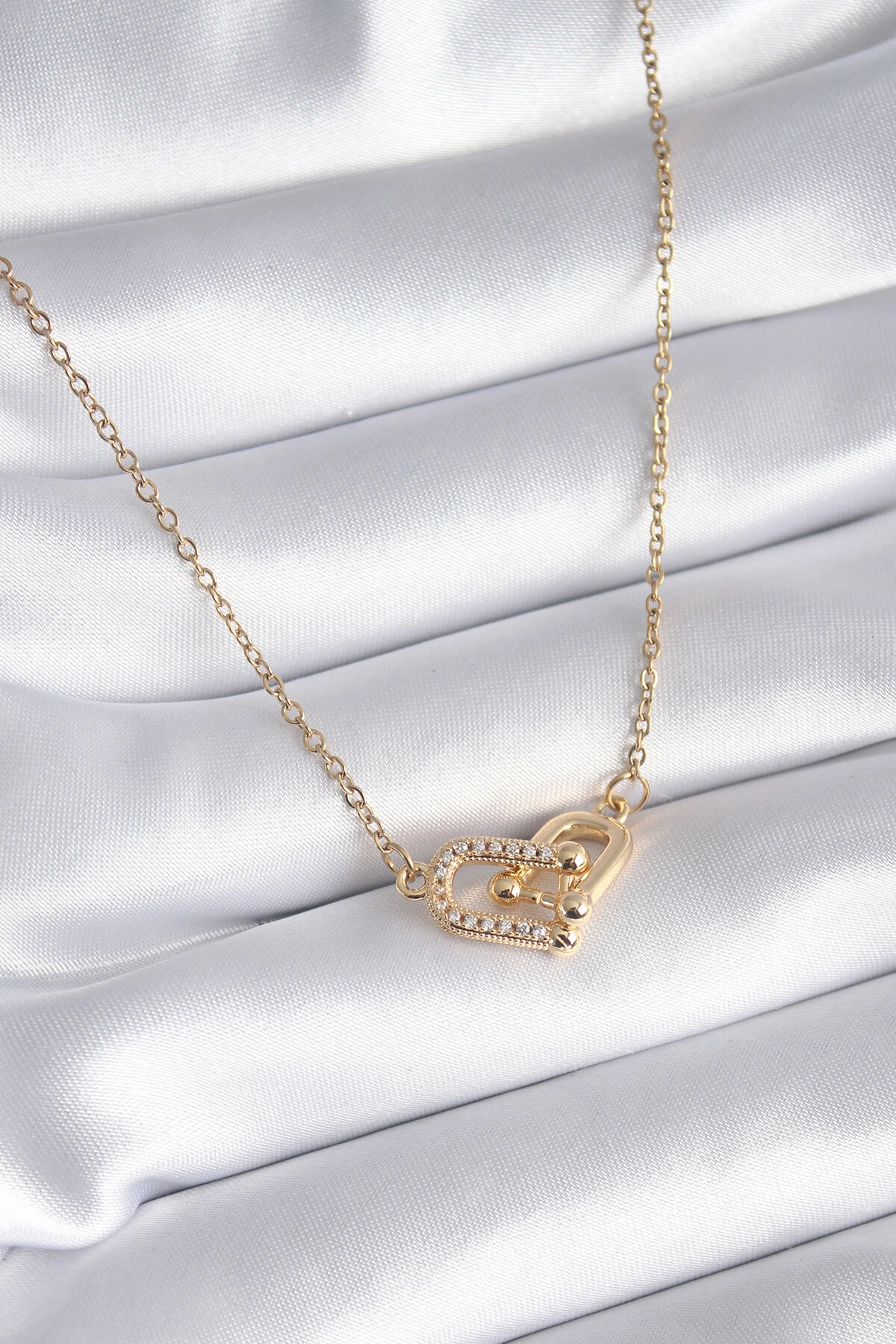 316L Çelik Gold Renk Zirkon Taşlı Model Kadın Kolye-0