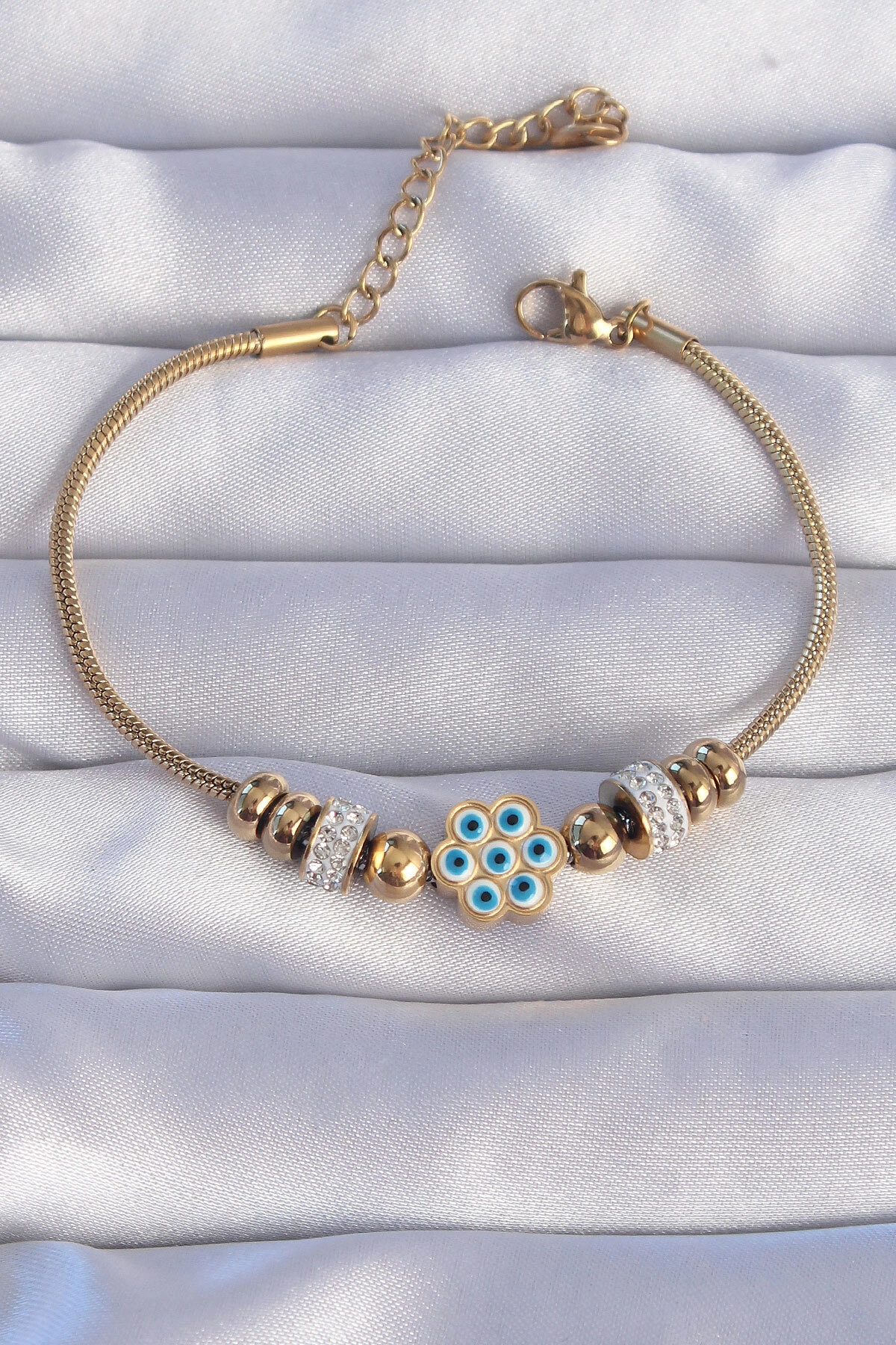 316L Çelik Gold Renk Zirkon Taşlı Nazarlı Çiçek Tasarımlı Bileklik-0