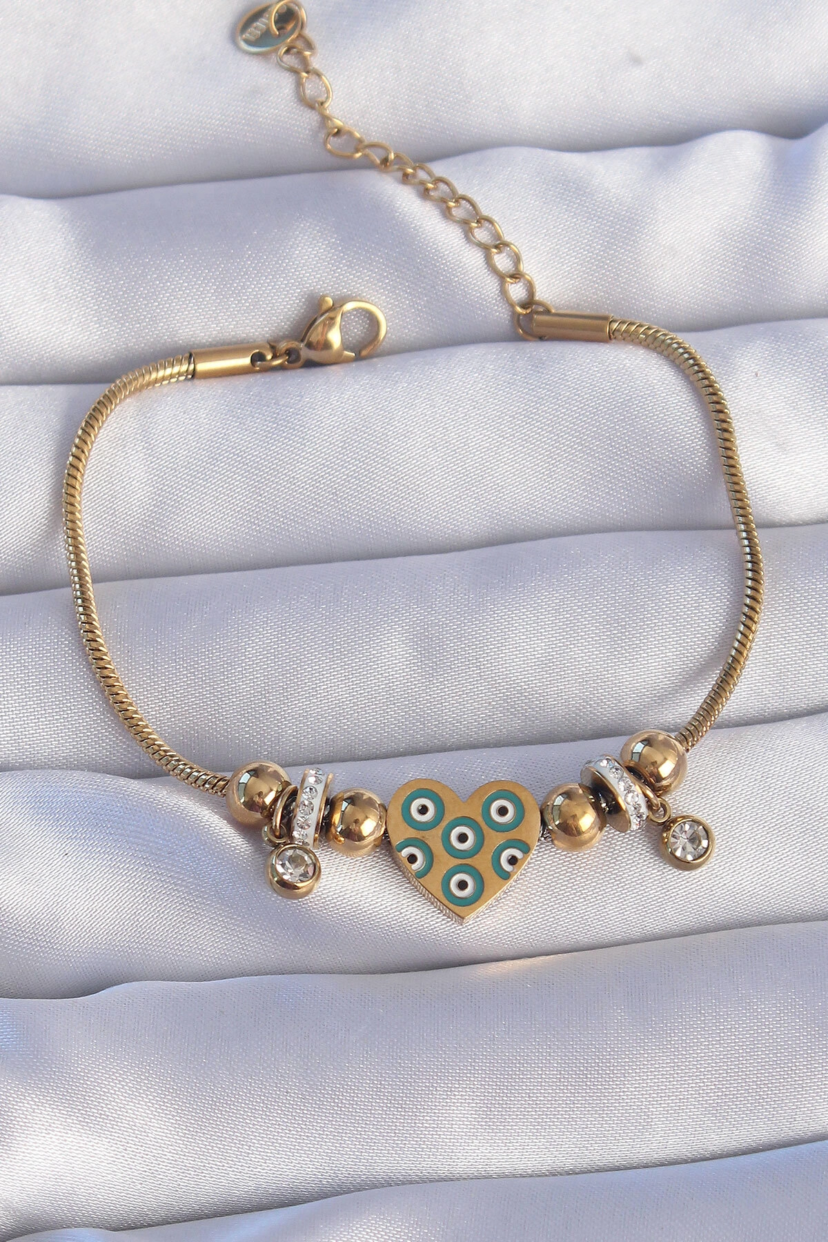 316L Çelik Gold Renk Zirkon Taşlı Nazarlı Kalp Tasarımlı Bileklik-0