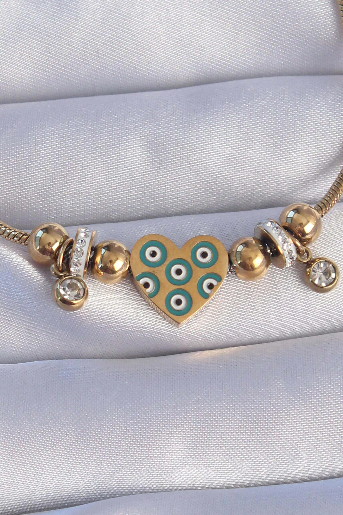 316L Çelik Gold Renk Zirkon Taşlı Nazarlı Kalp Tasarımlı Bileklik-1